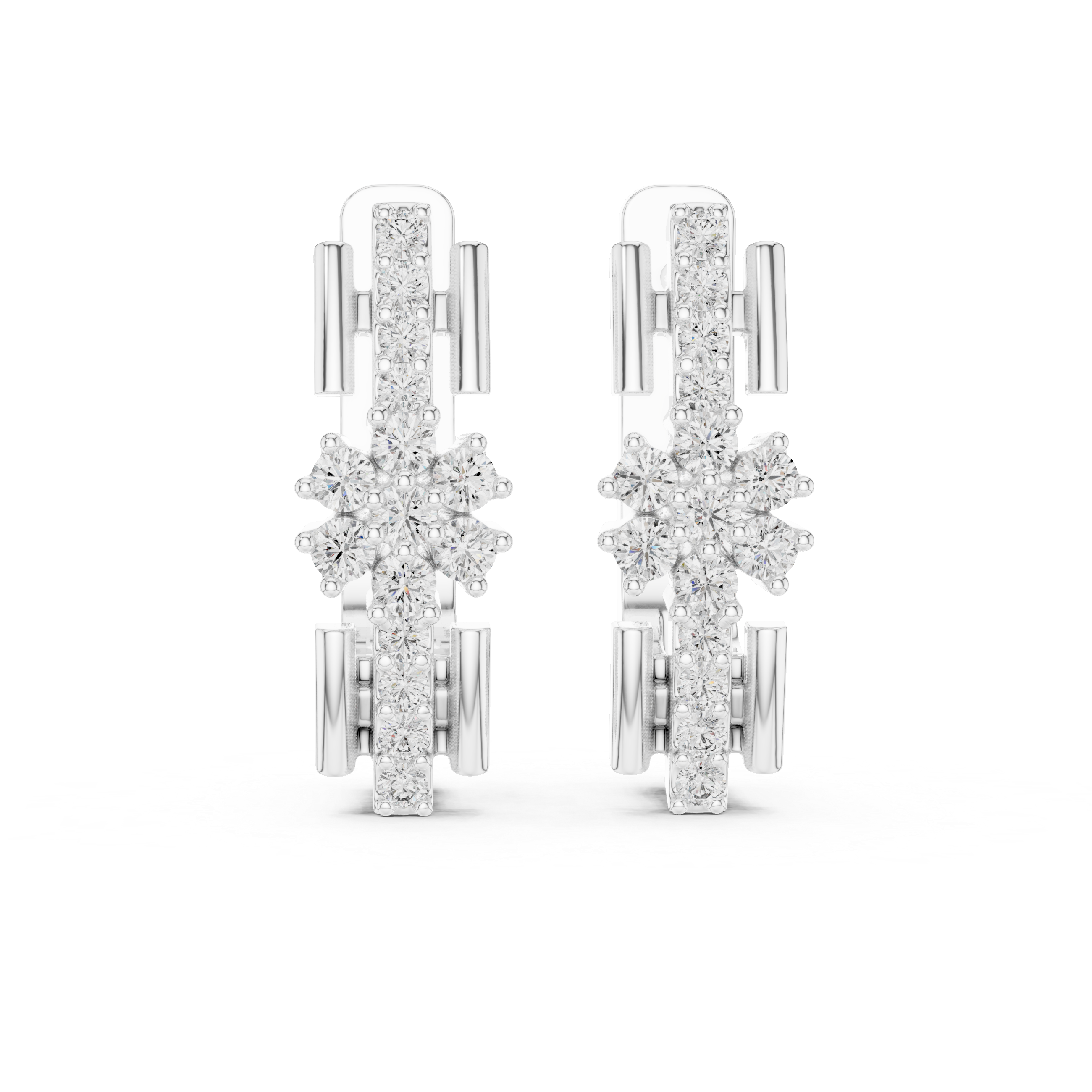 Stacked Floral Diamond Huggie Earrings in White Gold - VYKA Diamonds