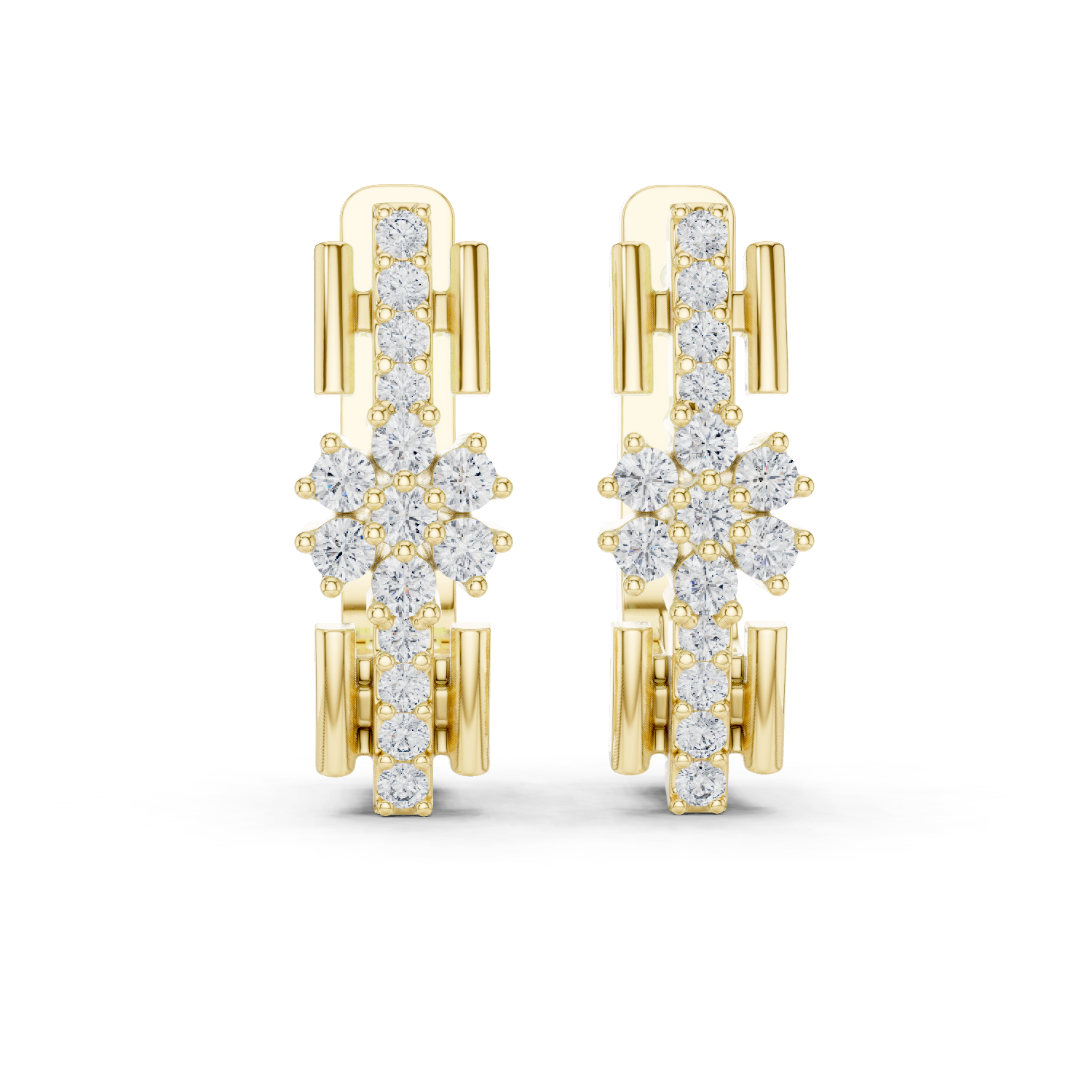 Stacked Floral Diamond Huggie Earrings in Yellow Gold - VYKA Diamonds
