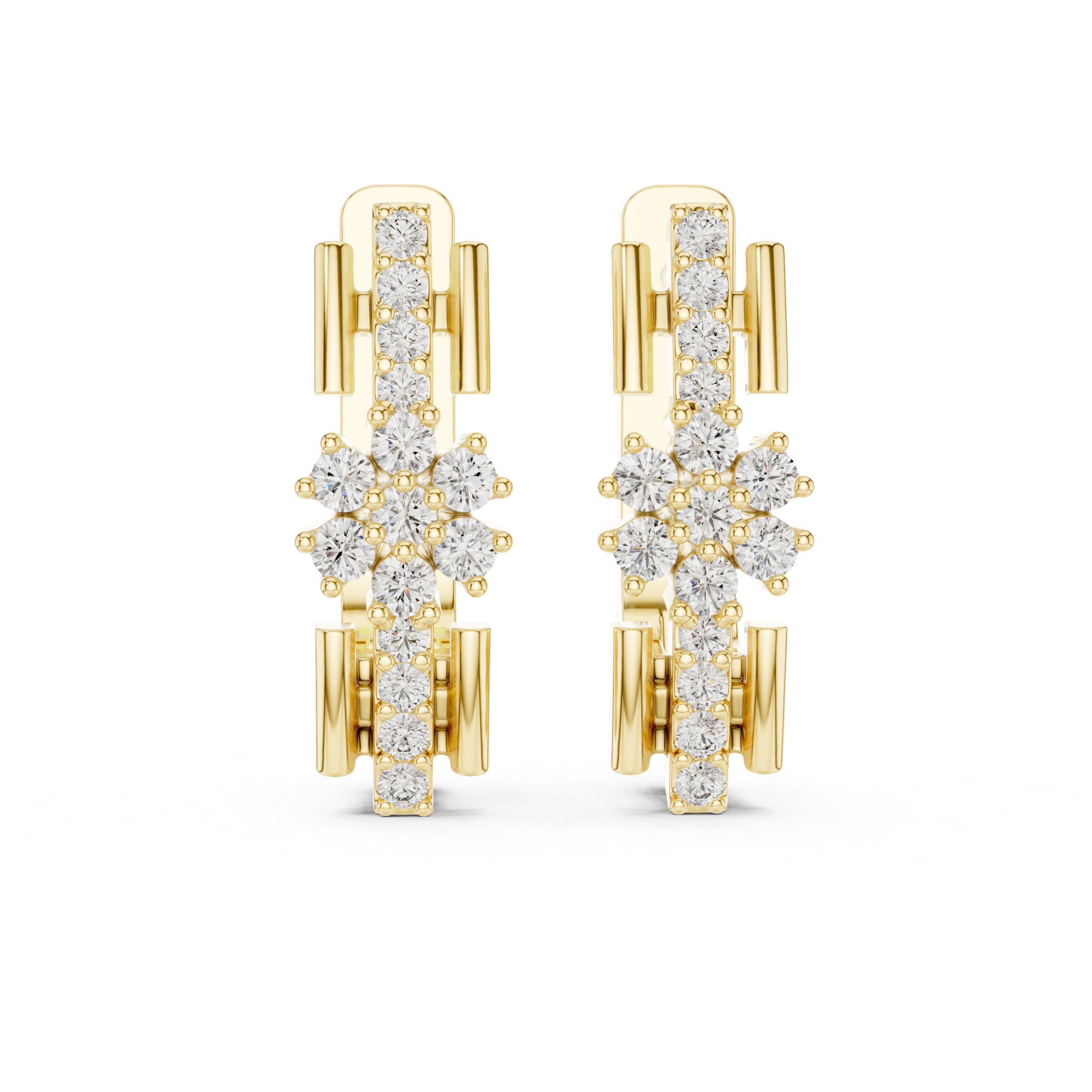 Stacked Floral Diamond Huggie Earrings in Yellow Gold - VYKA Diamonds