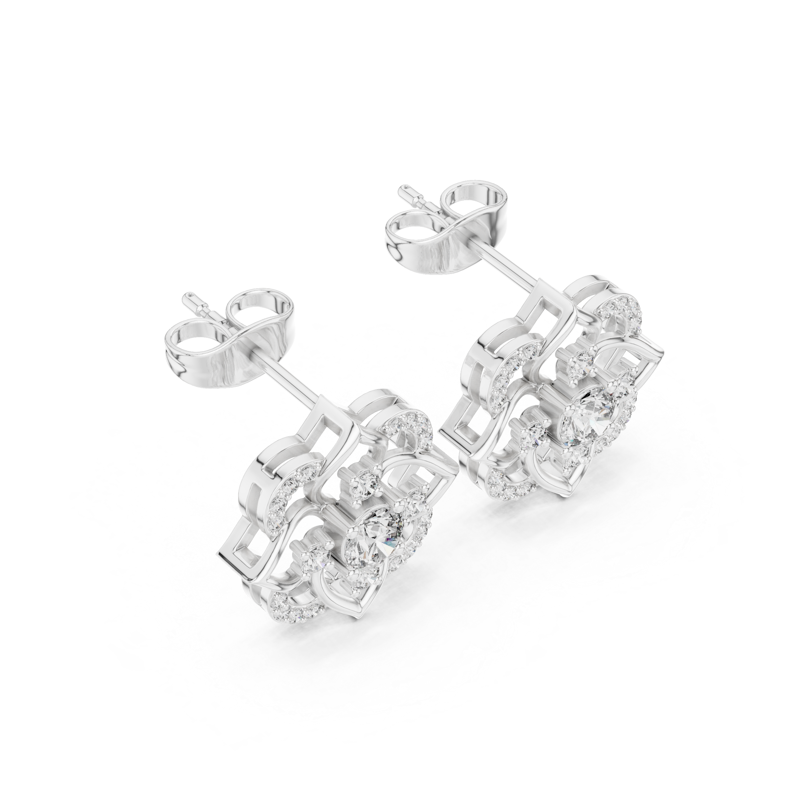 Triple Station Diamond Stud Earrings in White Gold - VYKA Diamonds
