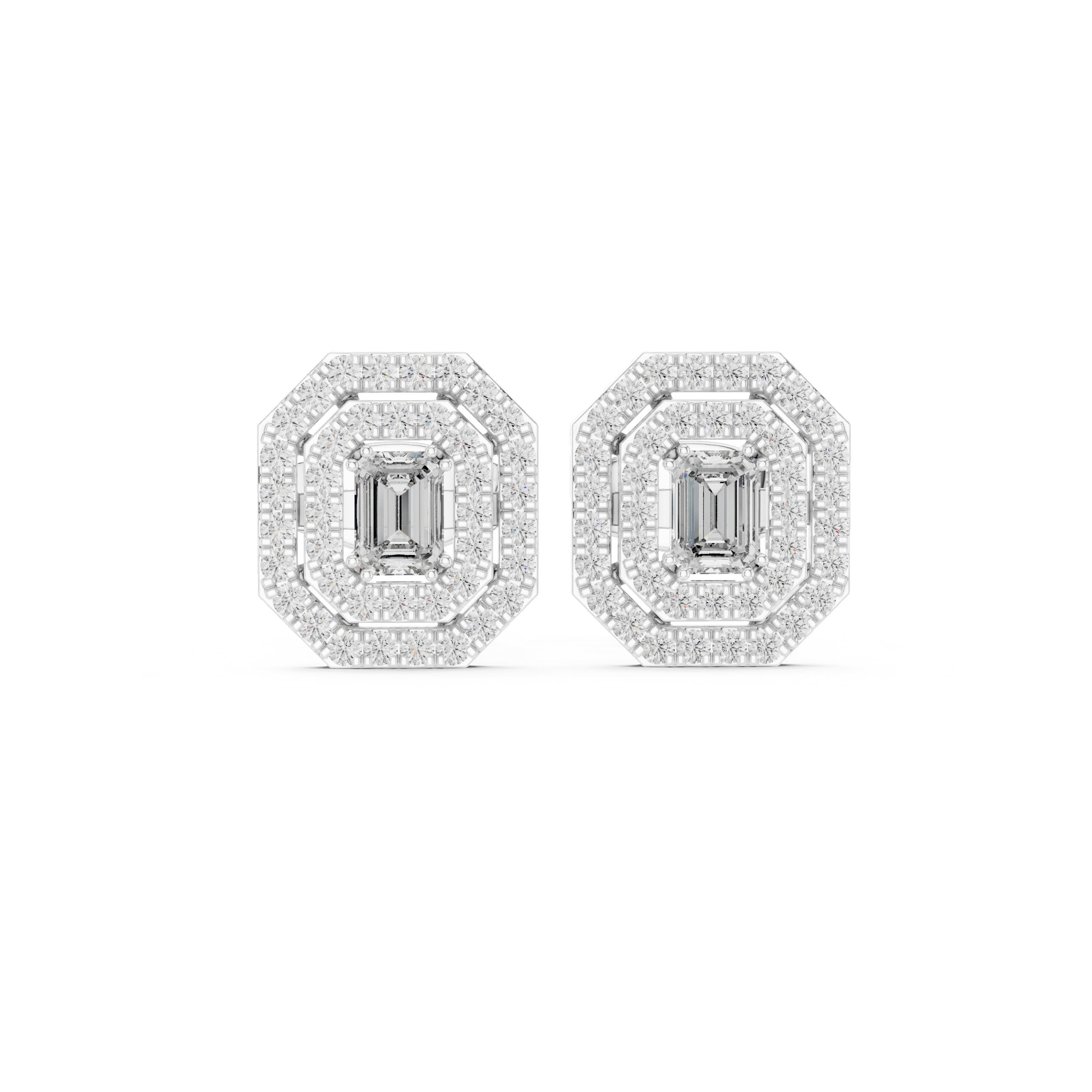 حلقان ألماسية مرصعة بالزمرد بهالة مزدوجة in White Gold - VYKA Diamonds