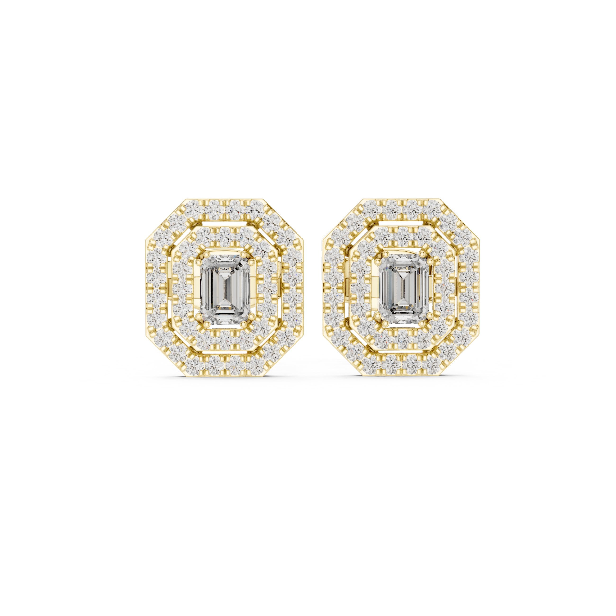 حلقان ألماسية مرصعة بالزمرد بهالة مزدوجة in Yellow Gold - VYKA Diamonds