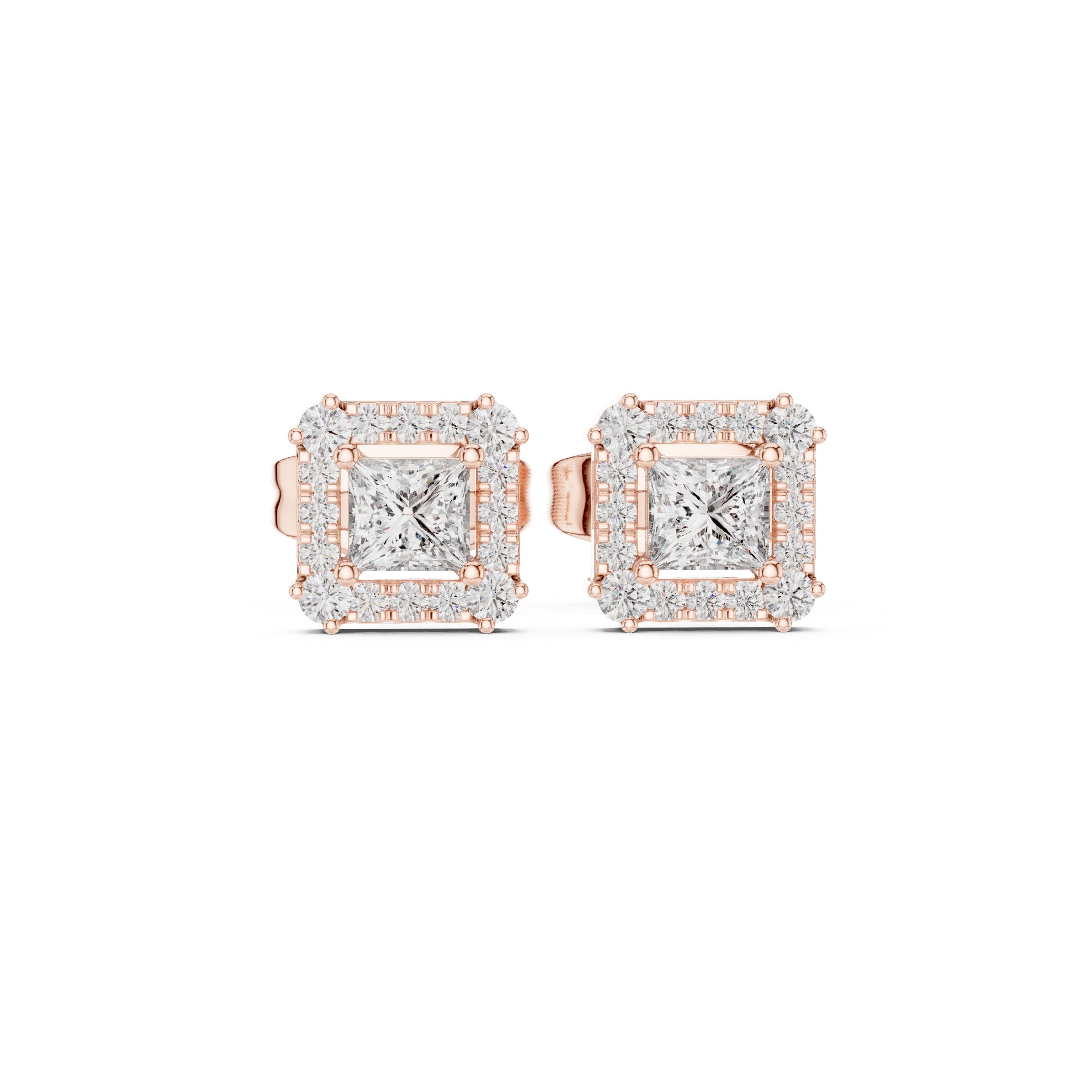 Princess Cut Halo Diamond Stud Earrings in Rose Gold - VYKA Diamonds