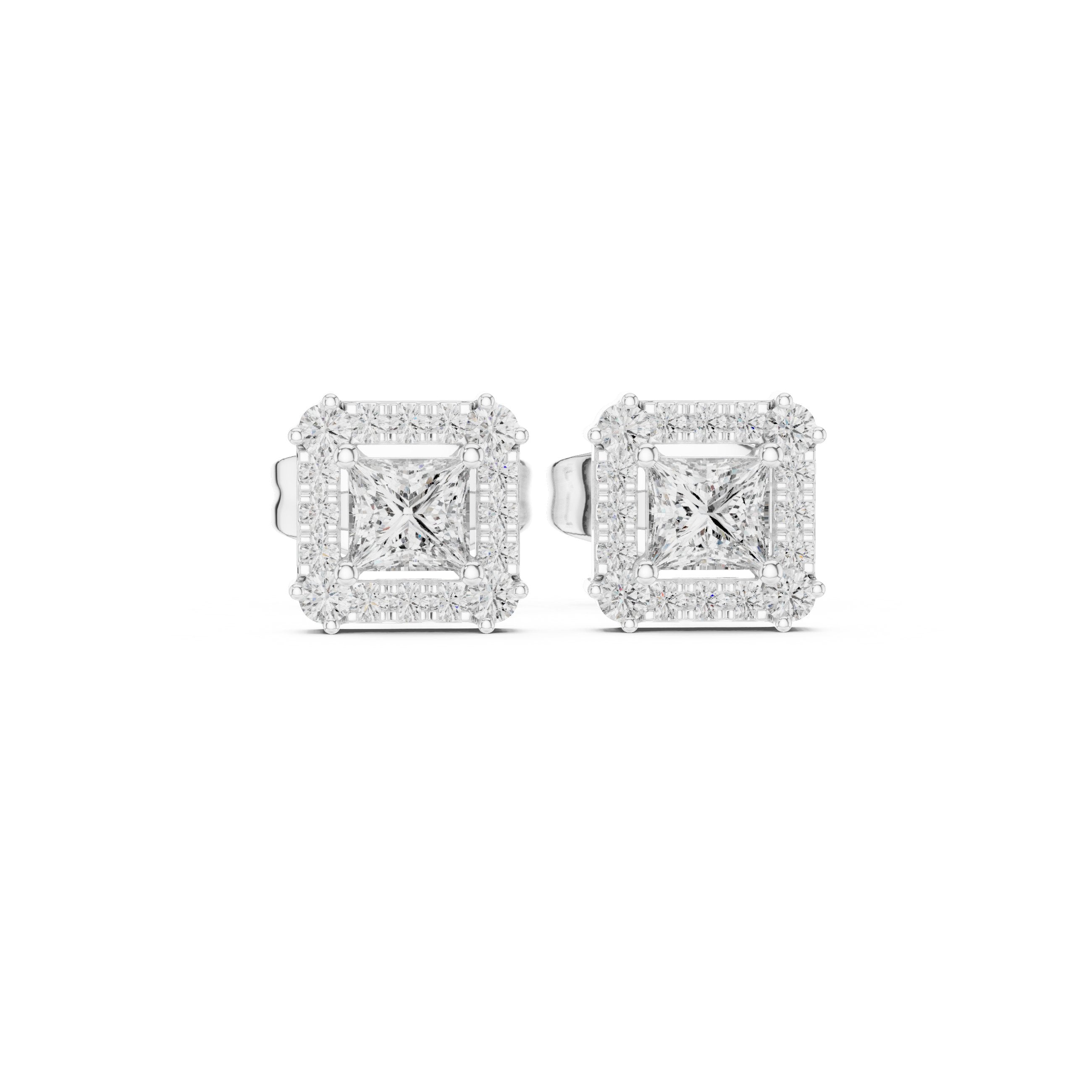 Princess Cut Halo Diamond Stud Earrings in White Gold - VYKA Diamonds