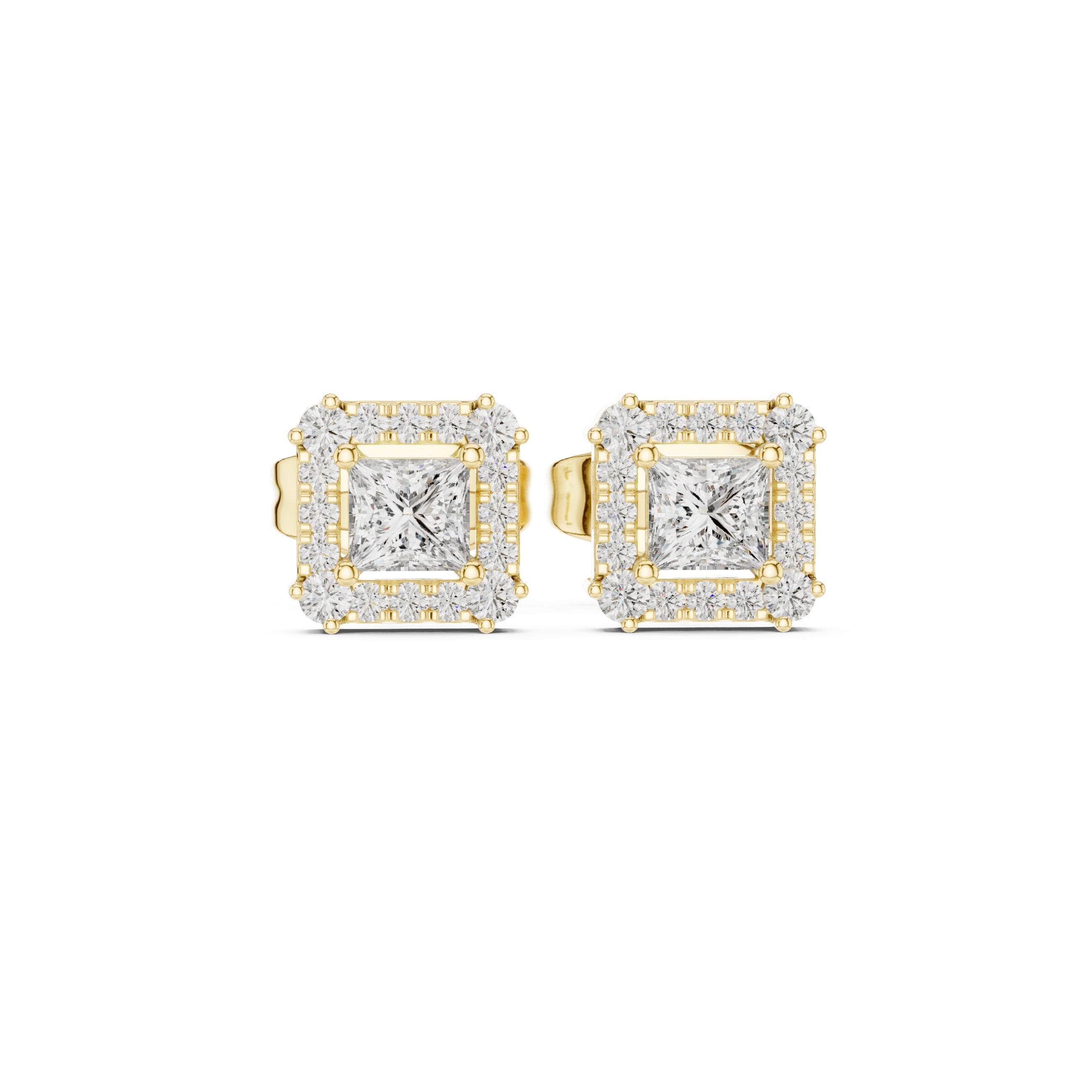 Princess Cut Halo Diamond Stud Earrings in Yellow Gold - VYKA Diamonds