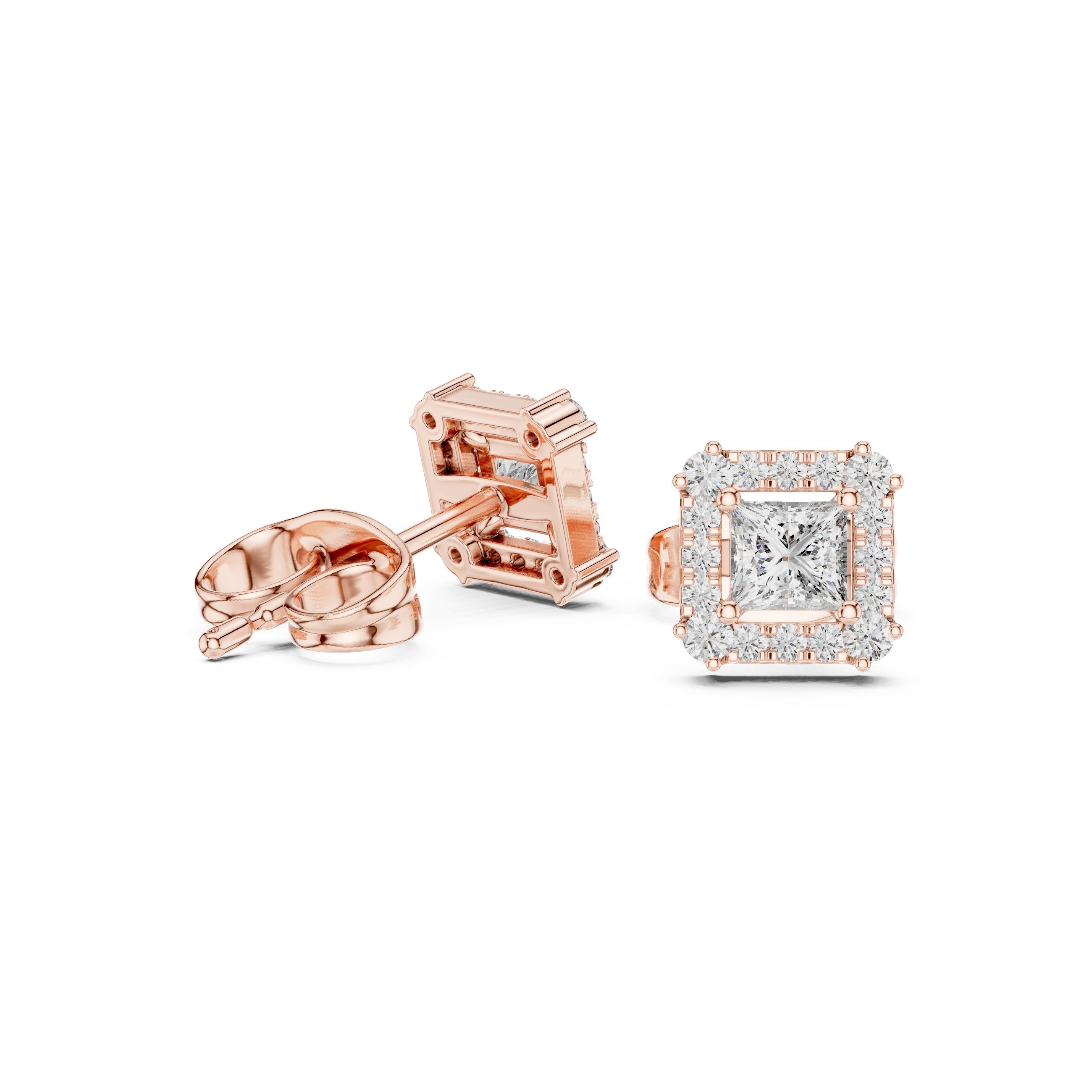 Princess Cut Halo Diamond Stud Earrings in Rose Gold - VYKA Diamonds