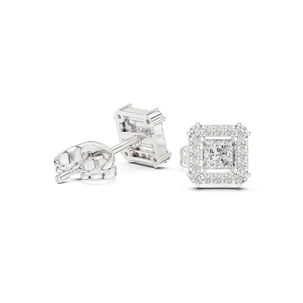 Princess Cut Halo Diamond Stud Earrings