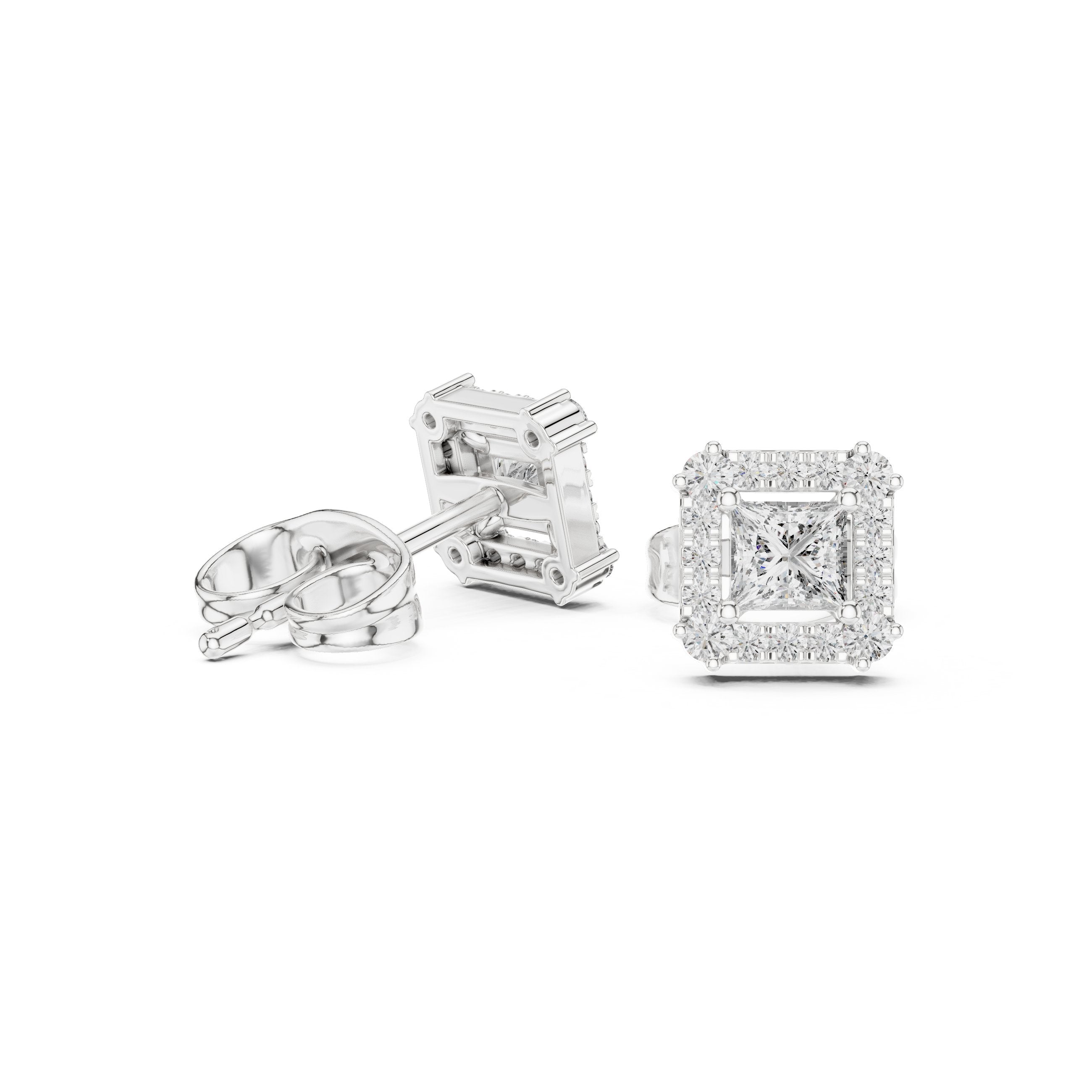Princess Cut Halo Diamond Stud Earrings in White Gold - VYKA Diamonds