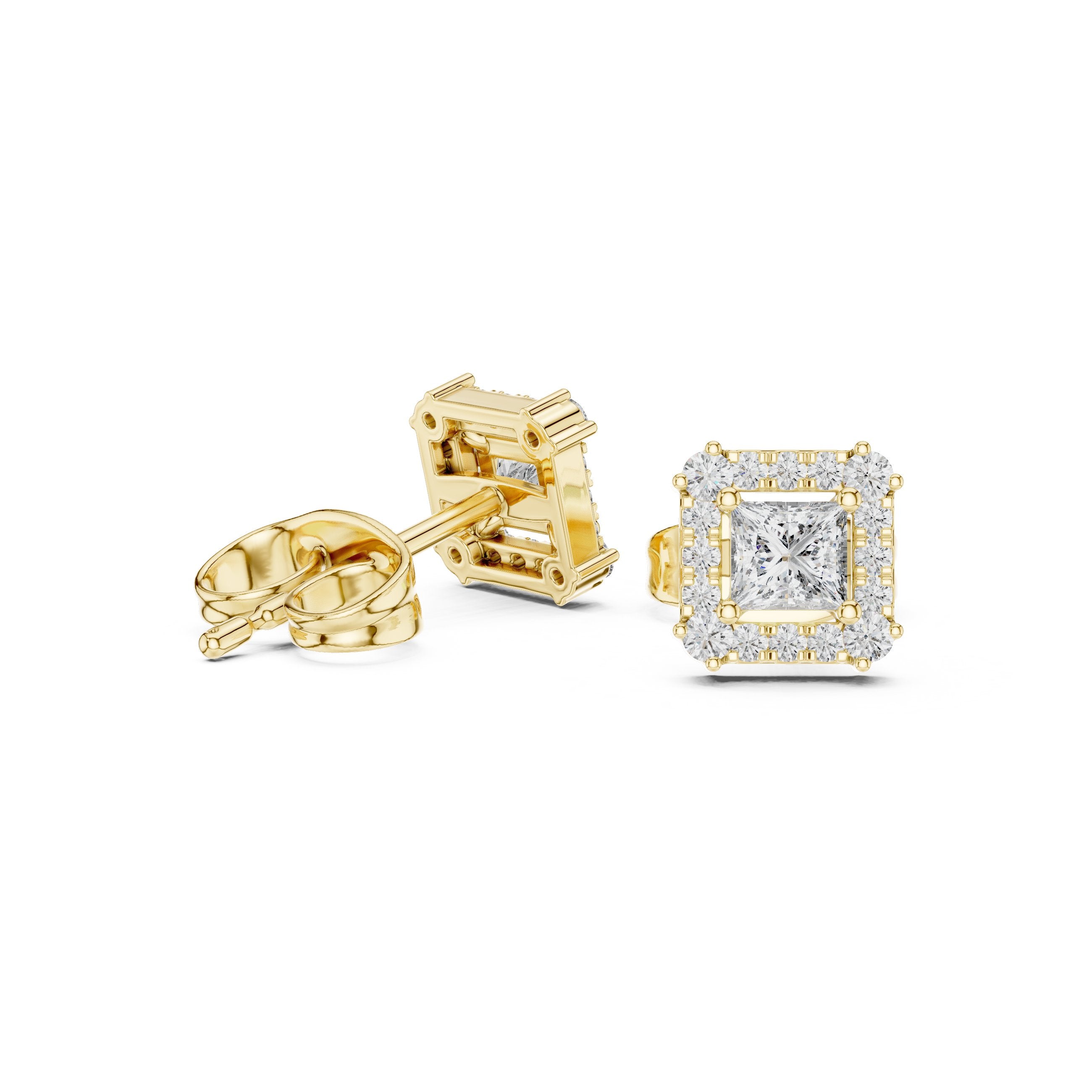 Princess Cut Halo Diamond Stud Earrings in Yellow Gold - VYKA Diamonds