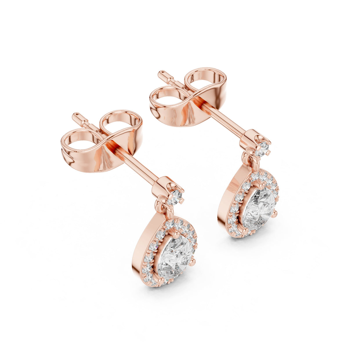 Pear Halo Drop Diamond Stud Earrings in Rose Gold - VYKA Diamonds