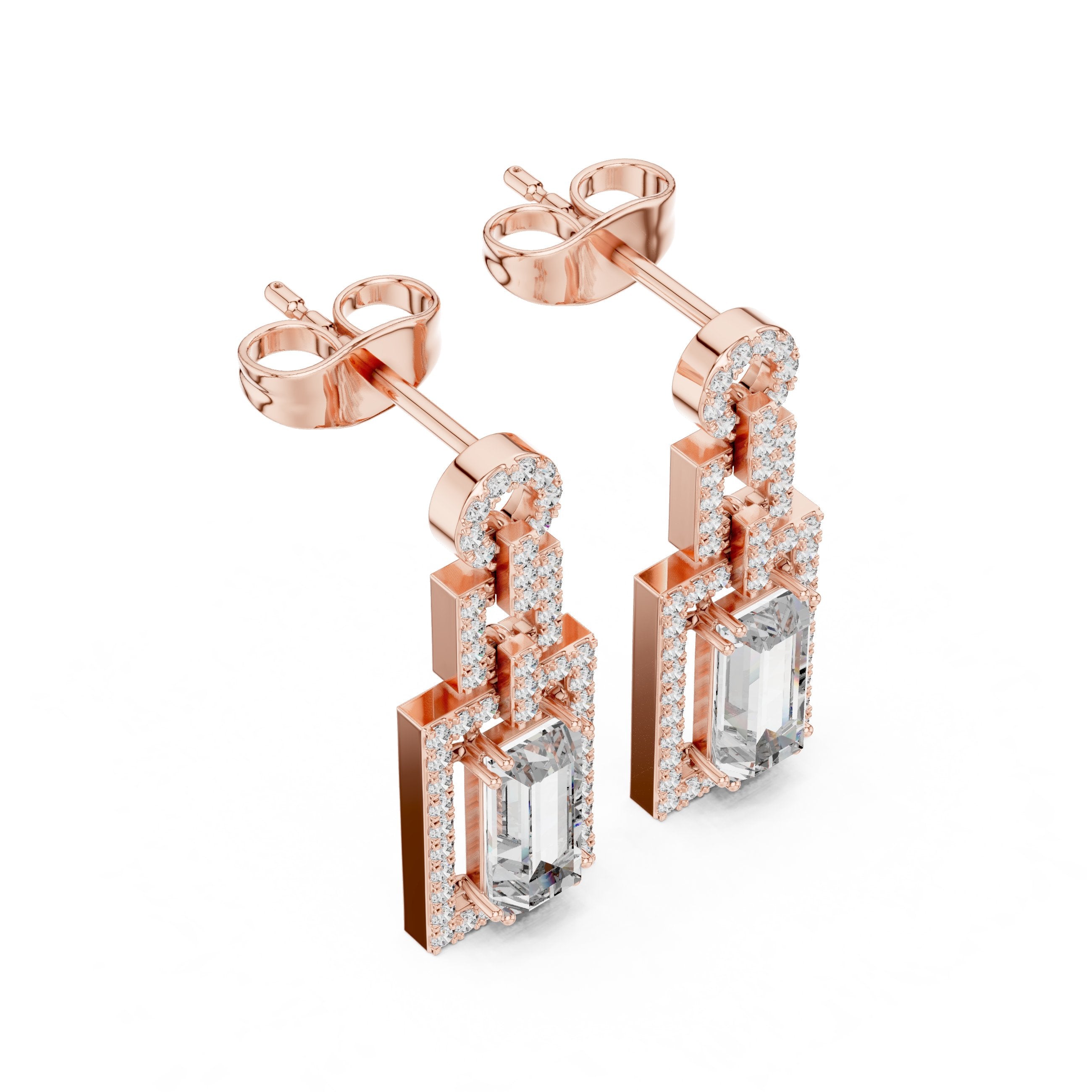 Emerald Pave Frame Drop Earrings in Rose Gold - VYKA Diamonds