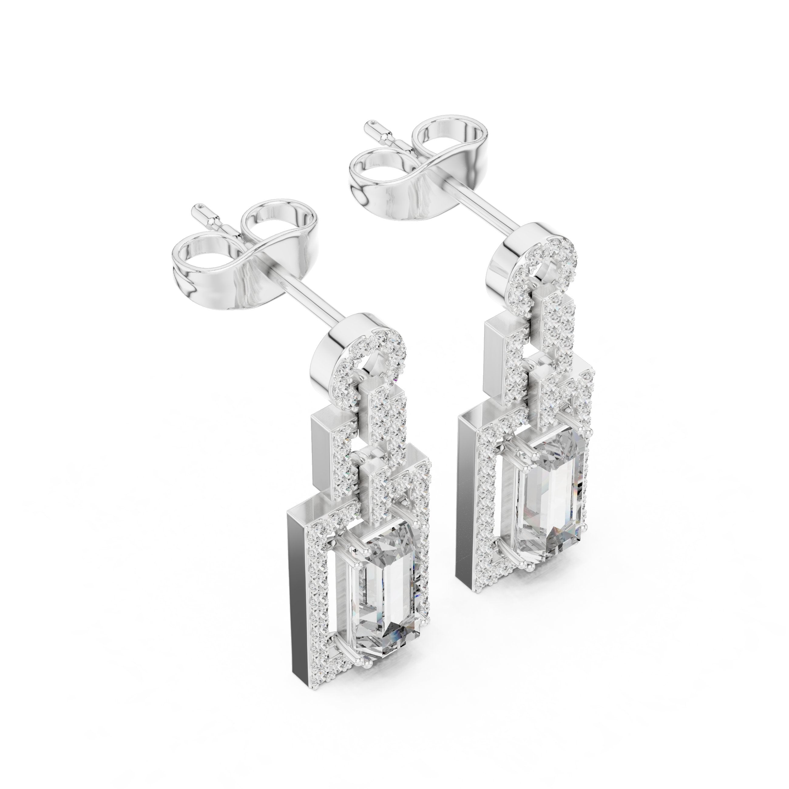Emerald Pave Frame Drop Earrings in White Gold - VYKA Diamonds