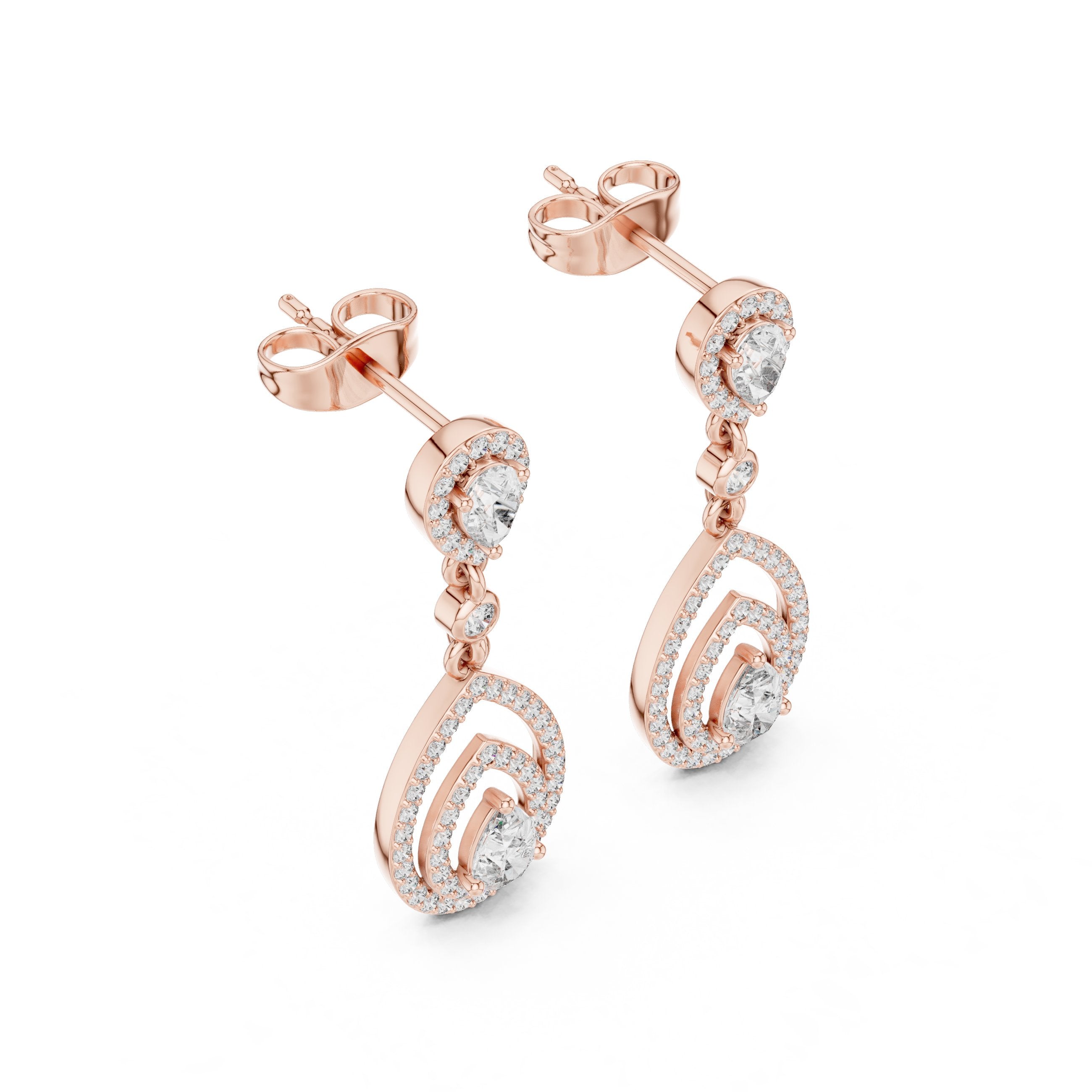 Layered Halo Diamond Drop Earrings in Rose Gold - VYKA Diamonds