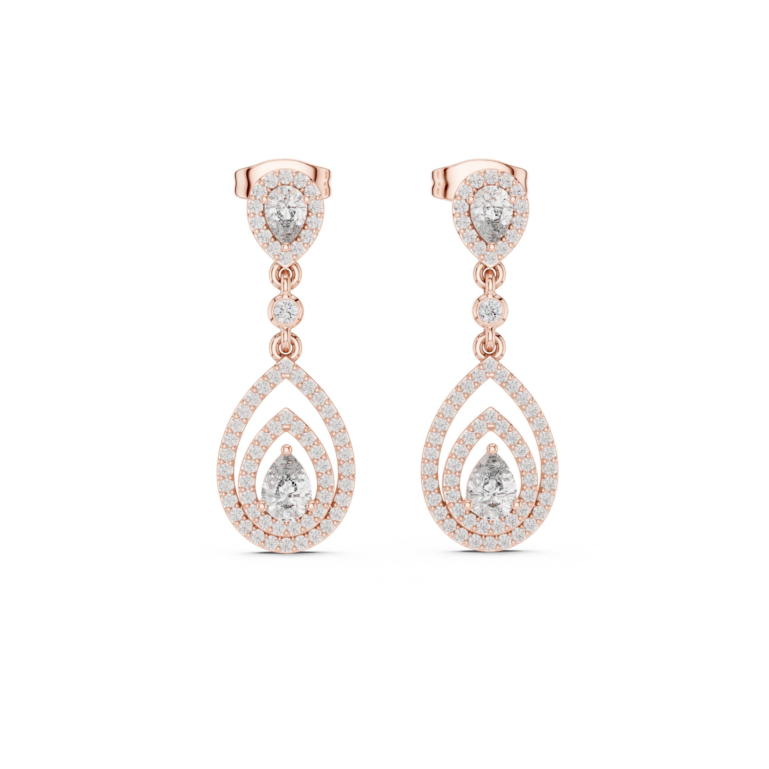 Layered Halo Diamond Drop Earrings in Rose Gold - VYKA Diamonds
