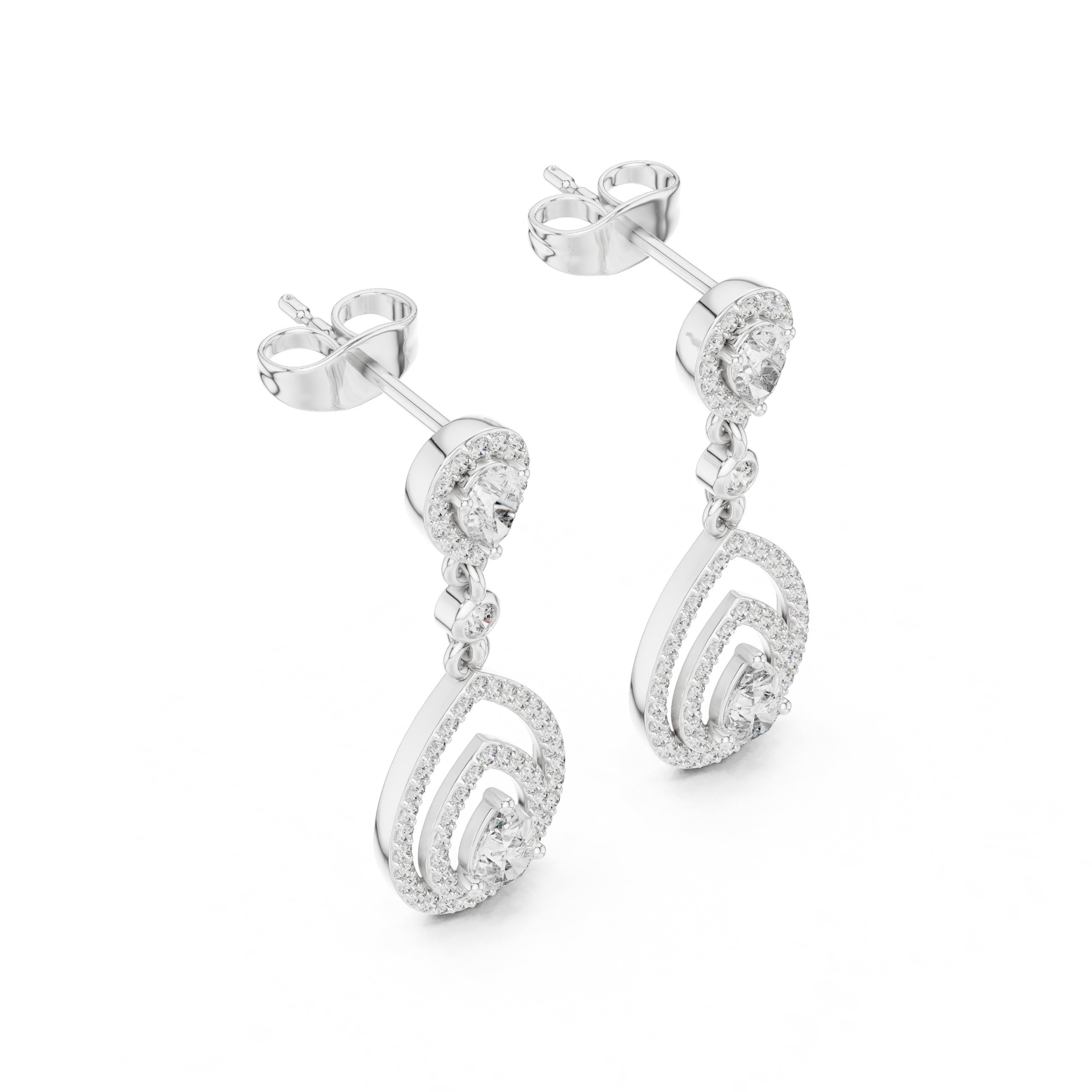 Layered Halo Diamond Drop Earrings in White Gold - VYKA Diamonds