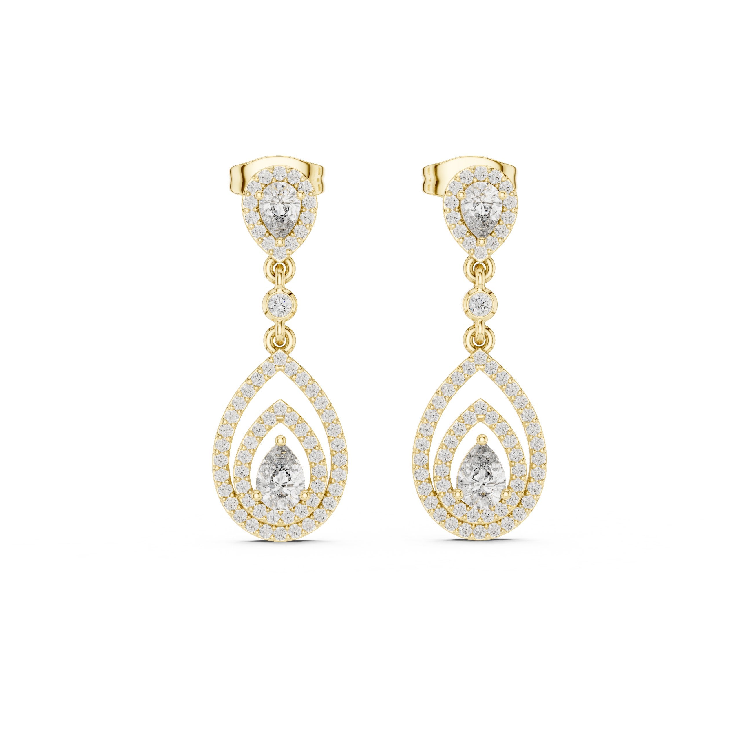 Layered Halo Diamond Drop Earrings in Yellow Gold - VYKA Diamonds