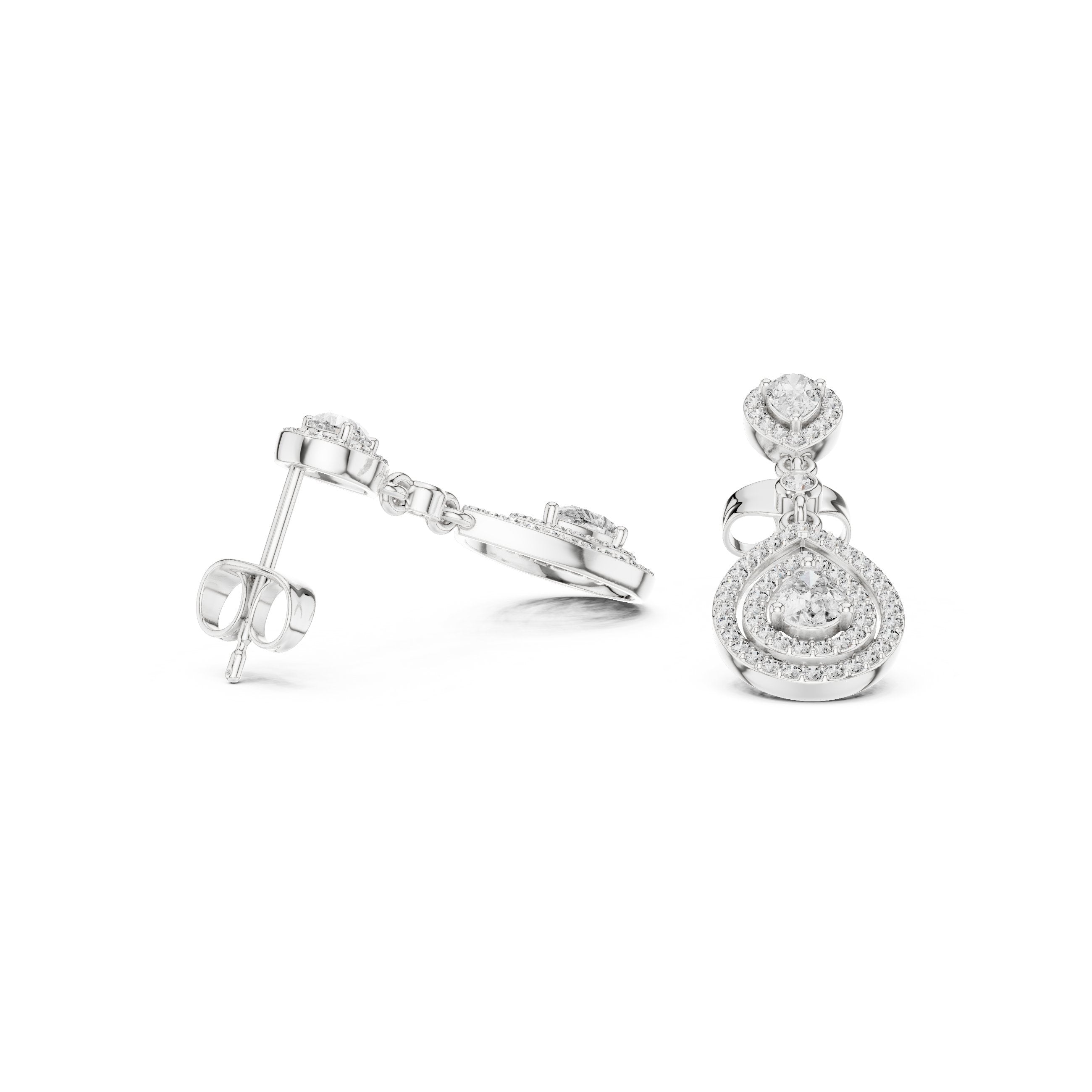 Layered Halo Diamond Drop Earrings in White Gold - VYKA Diamonds
