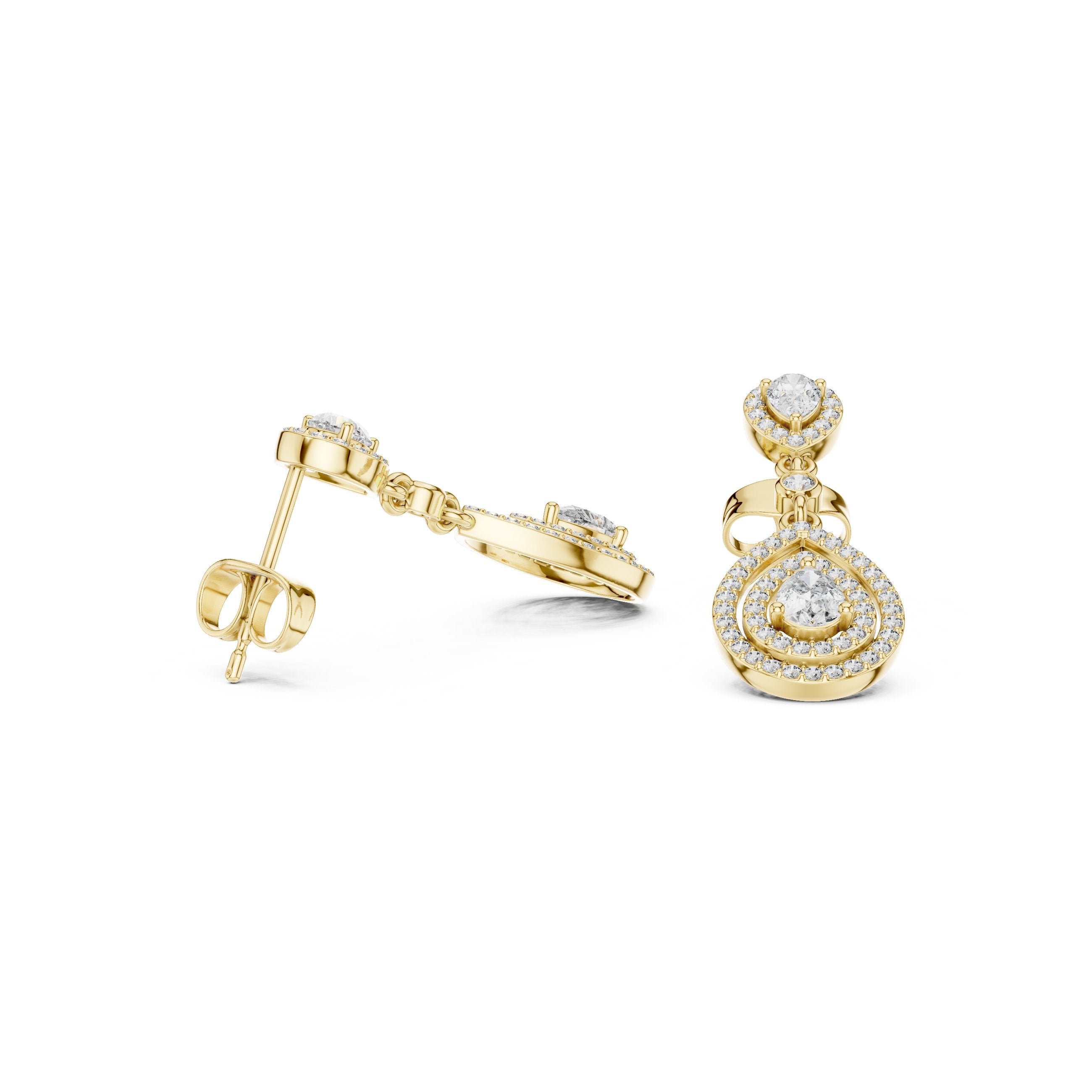 Layered Halo Diamond Drop Earrings in Yellow Gold - VYKA Diamonds