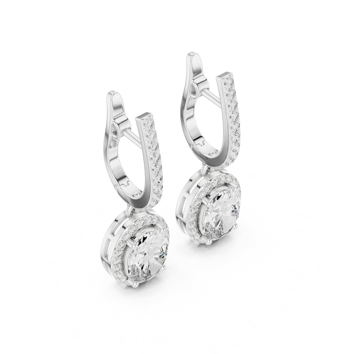Round Halo Lever-Back Diamond Earrings