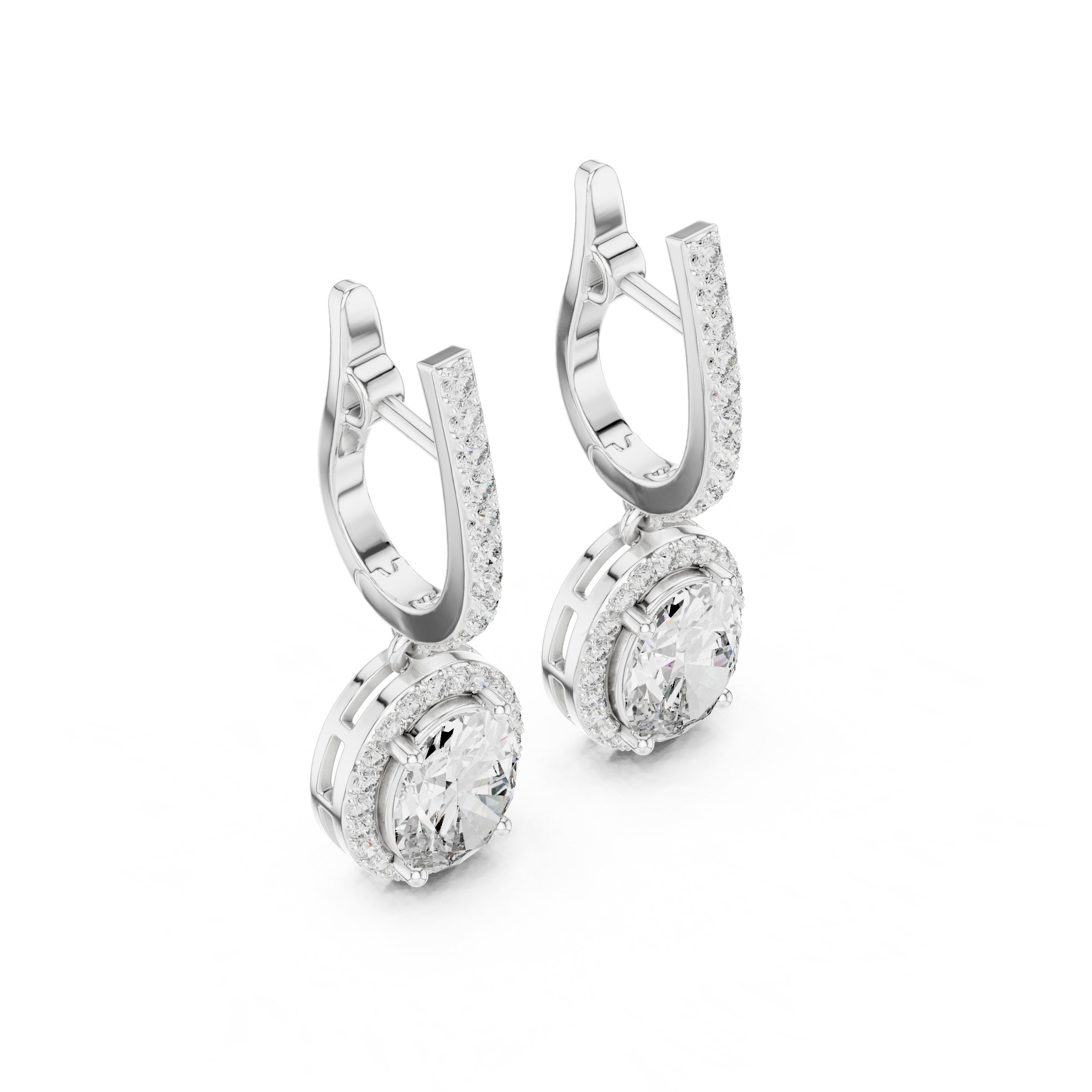 Round Halo Lever-Back Diamond Earrings in White Gold - VYKA Diamonds