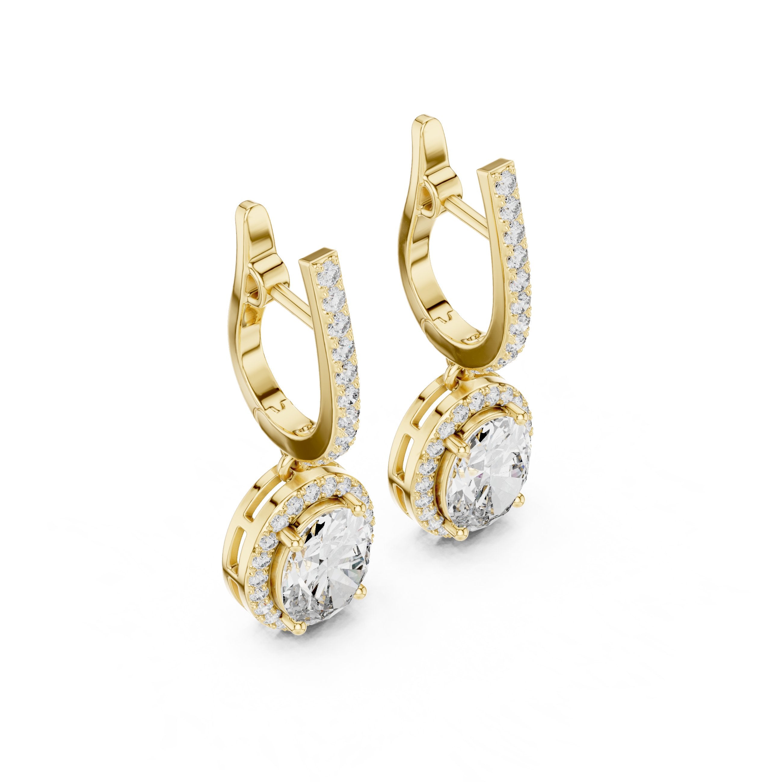 Round Halo Lever-Back Diamond Earrings in Yellow Gold - VYKA Diamonds