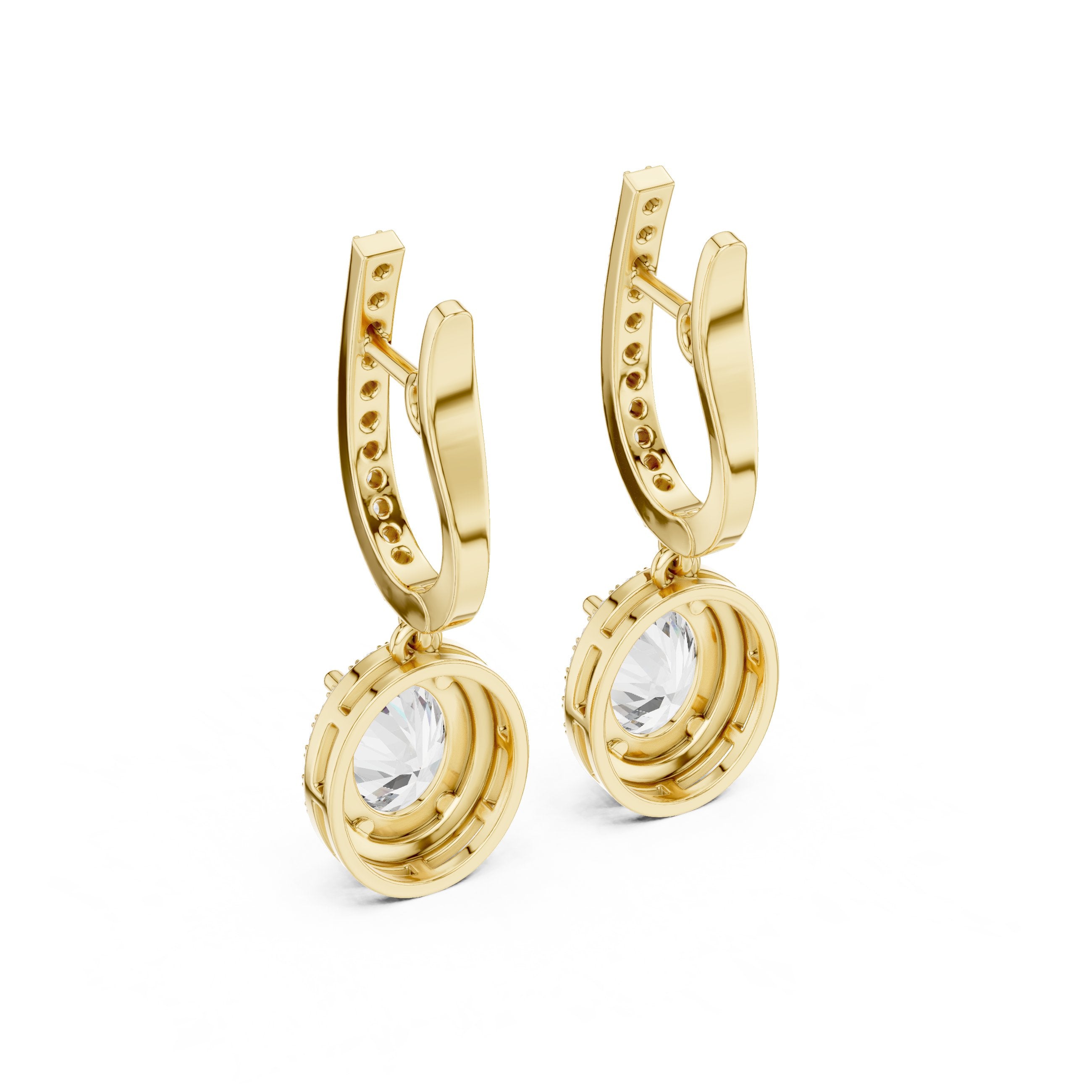 Round Halo Lever-Back Diamond Earrings in Yellow Gold - VYKA Diamonds