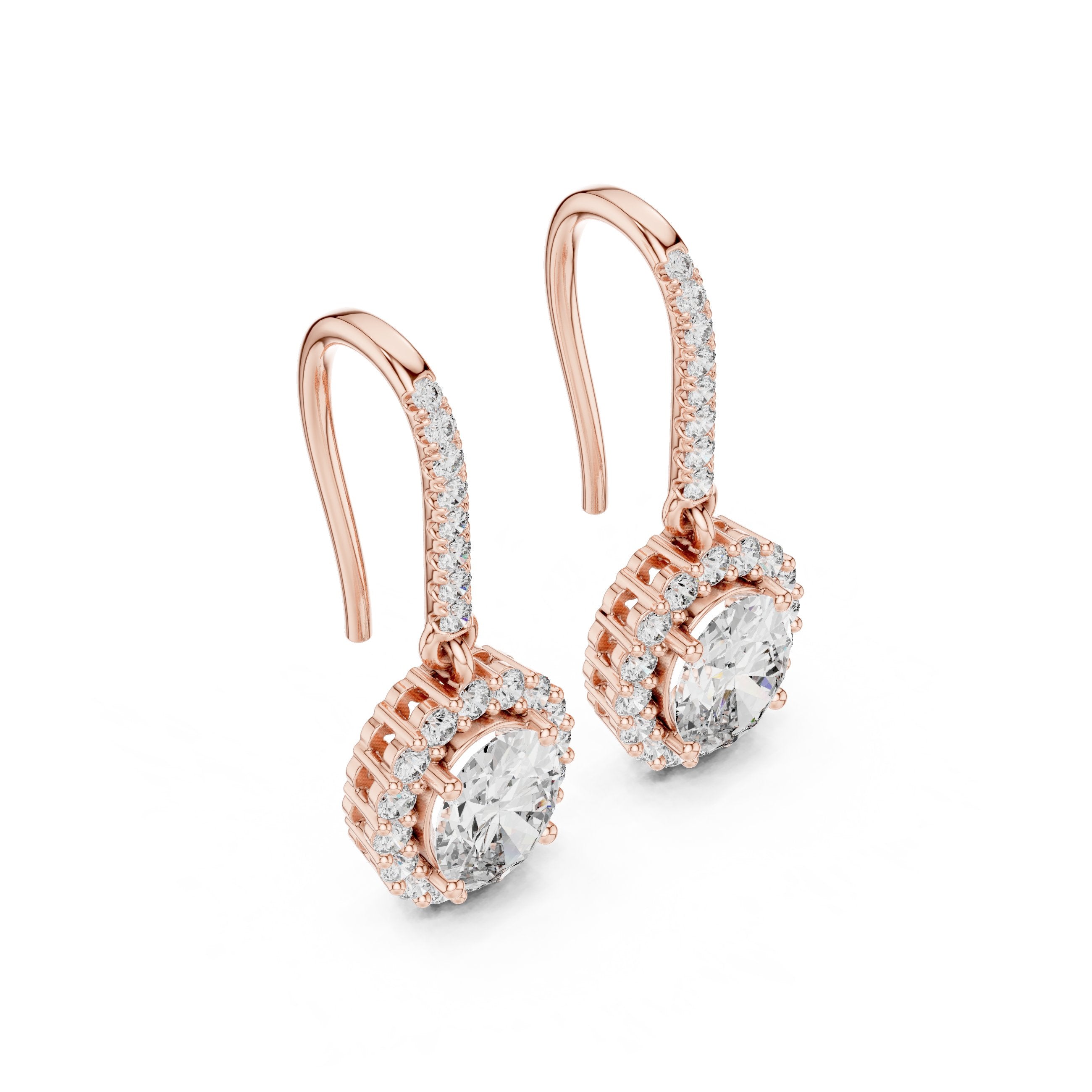 Round Halo Shepherd Hook Diamond Earrings in Rose Gold - VYKA Diamonds