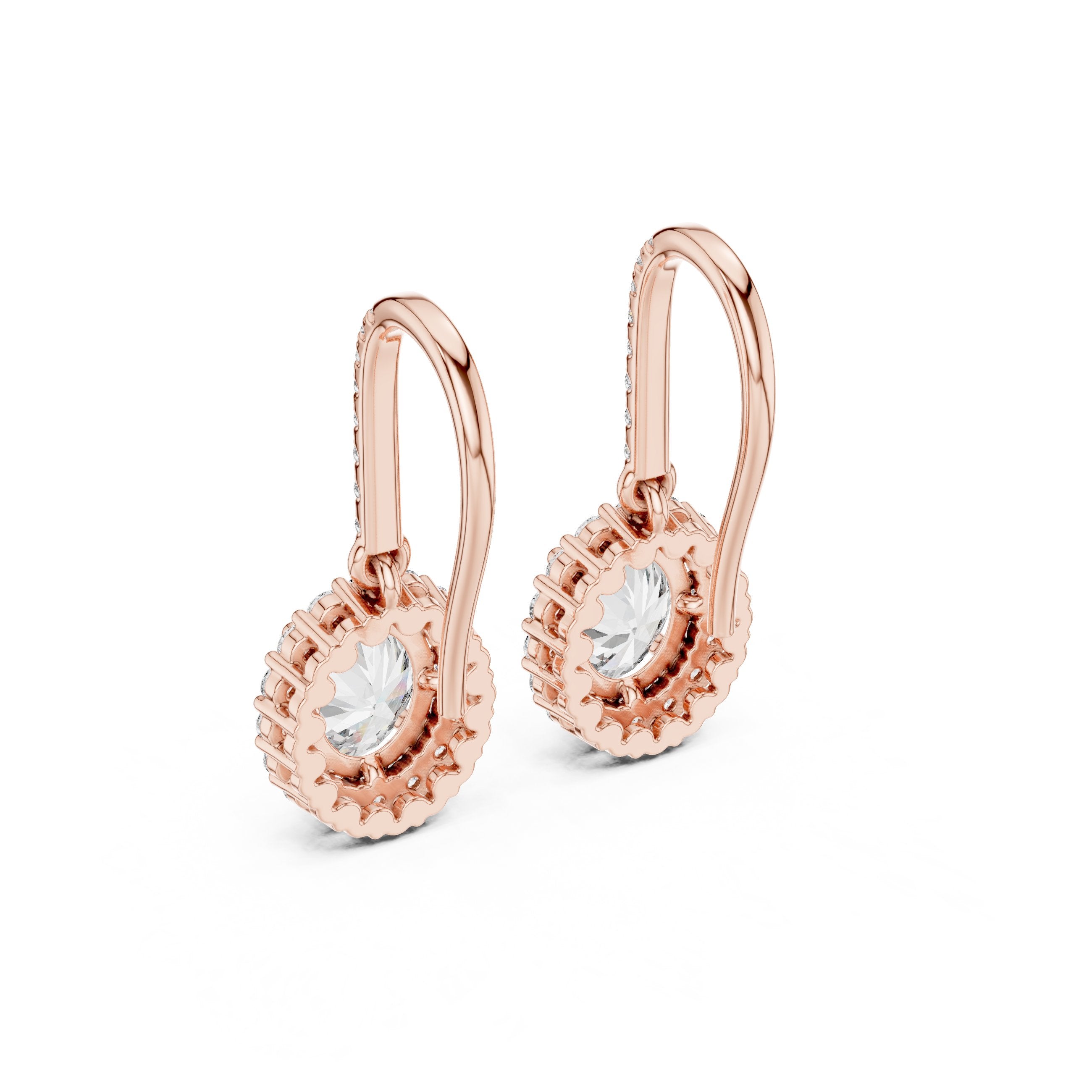 Round Halo Shepherd Hook Diamond Earrings in Rose Gold - VYKA Diamonds