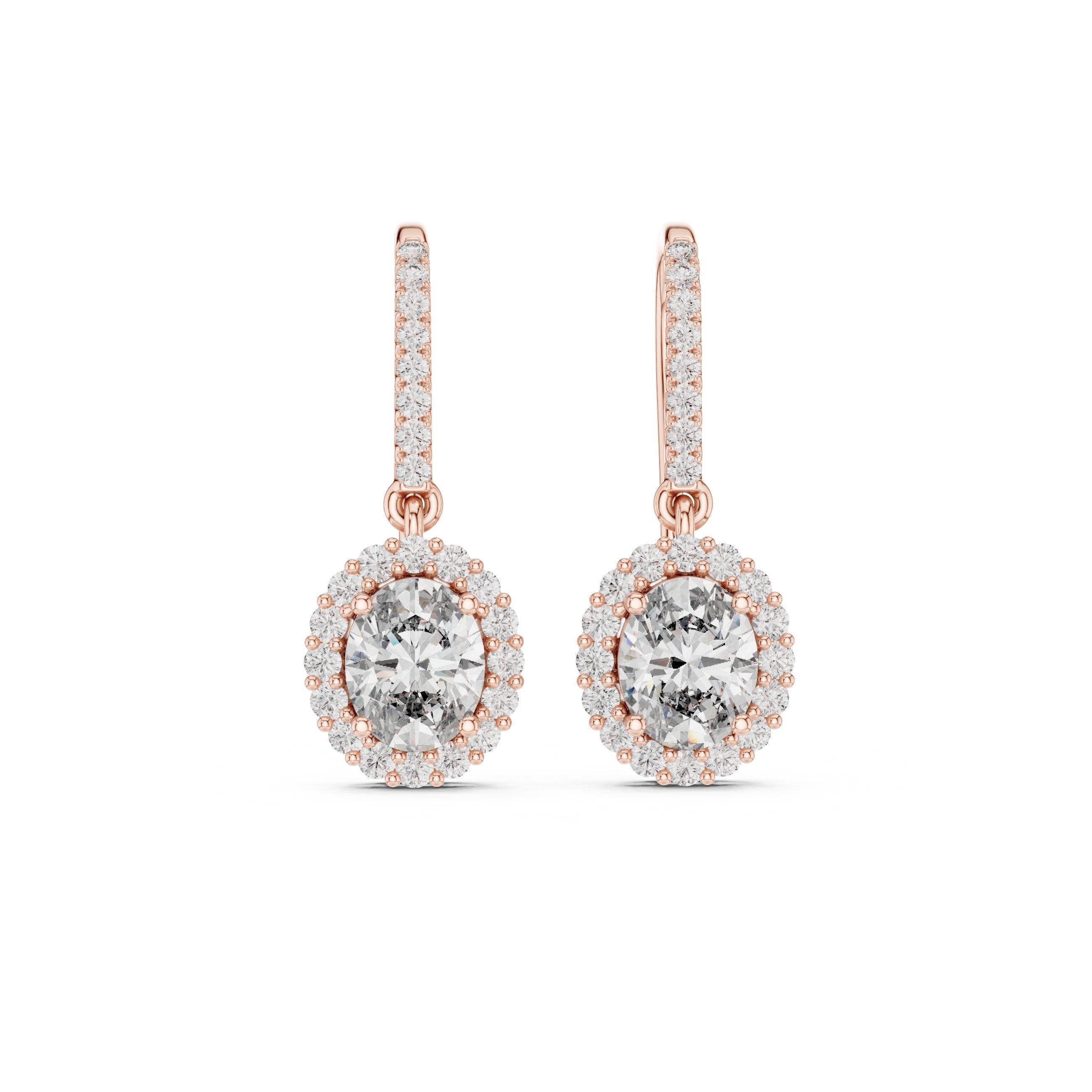 Round Halo Shepherd Hook Diamond Earrings in Rose Gold - VYKA Diamonds
