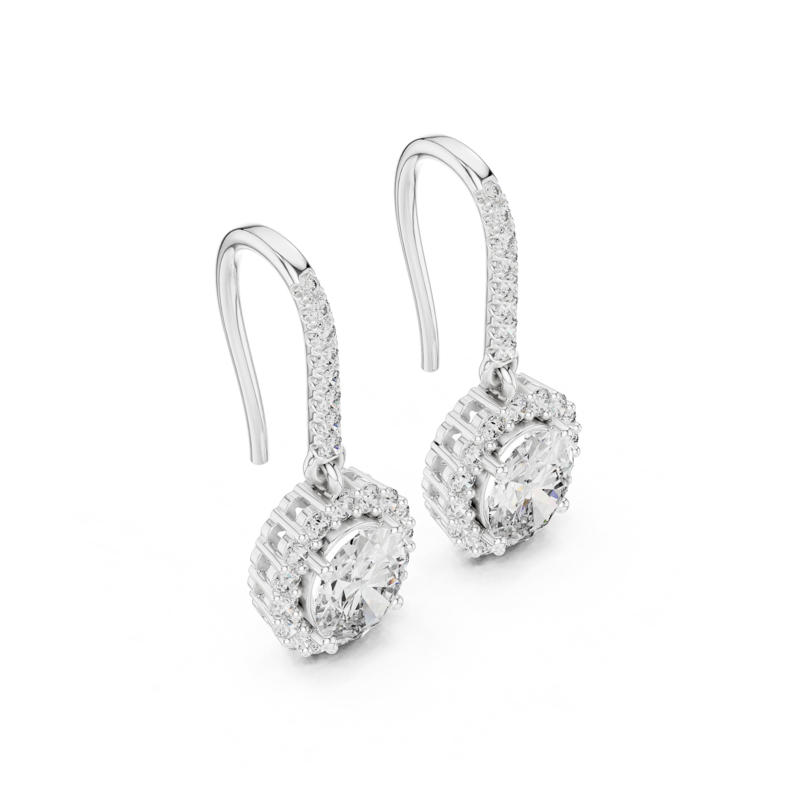 Round Halo Shepherd Hook Diamond Earrings in White Gold - VYKA Diamonds