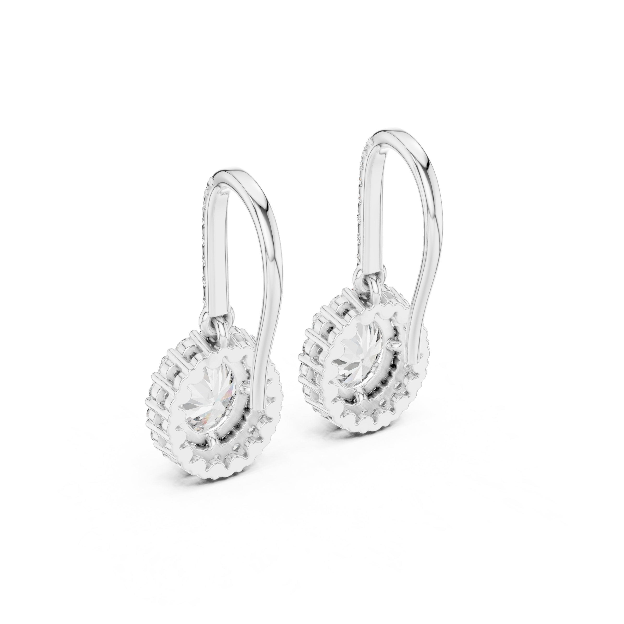 Round Halo Shepherd Hook Diamond Earrings in White Gold - VYKA Diamonds