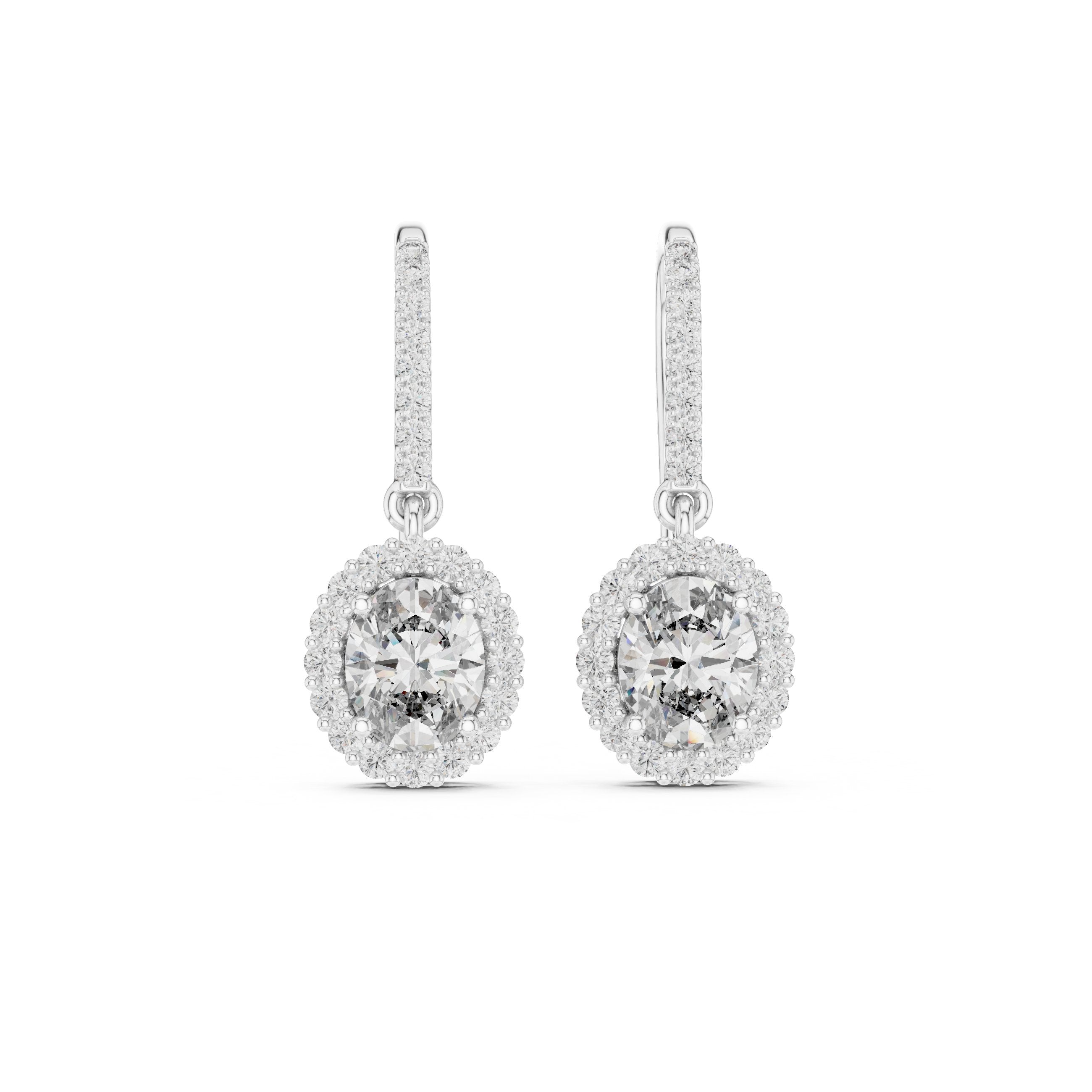Round Halo Shepherd Hook Diamond Earrings in White Gold - VYKA Diamonds