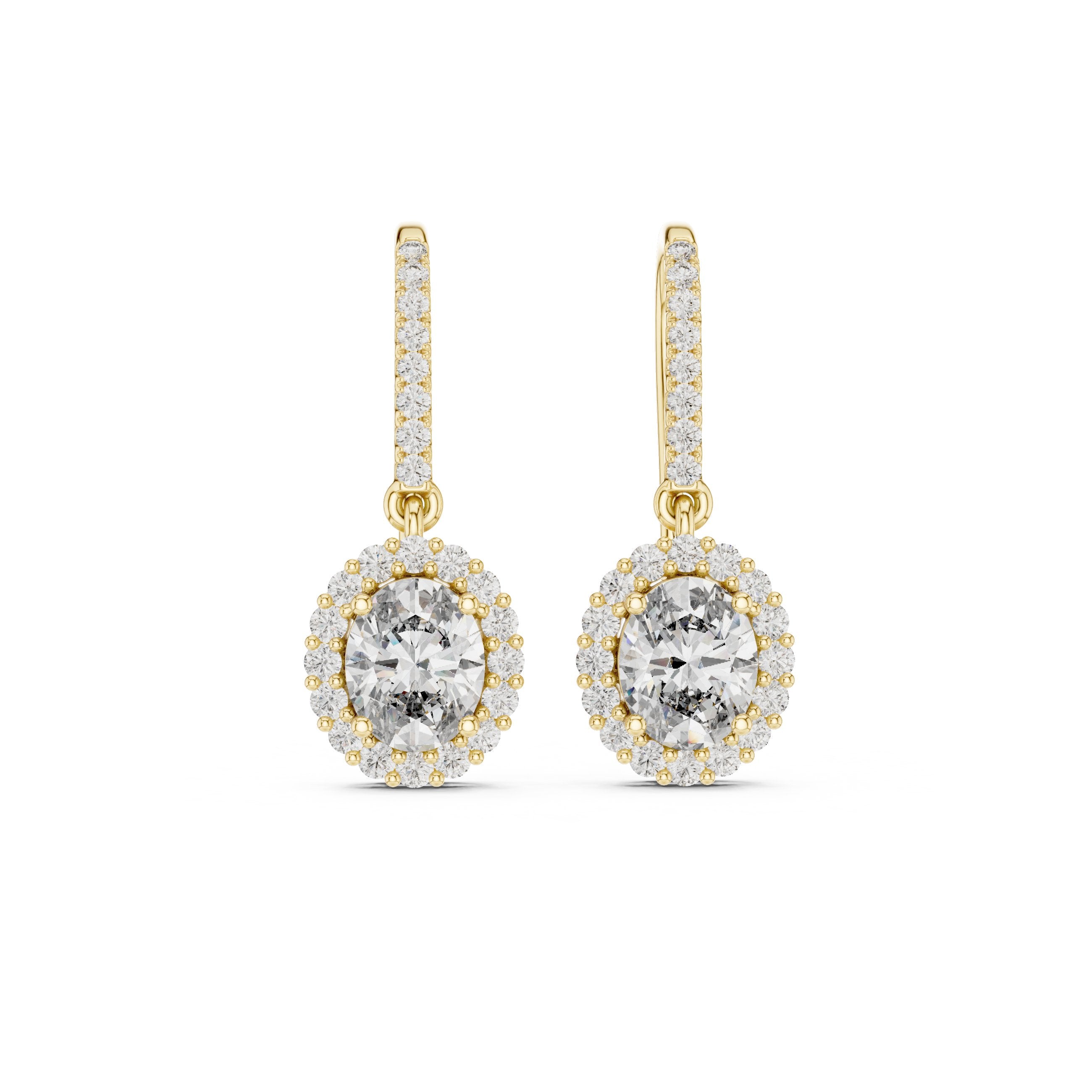 Round Halo Shepherd Hook Diamond Earrings in Yellow Gold - VYKA Diamonds