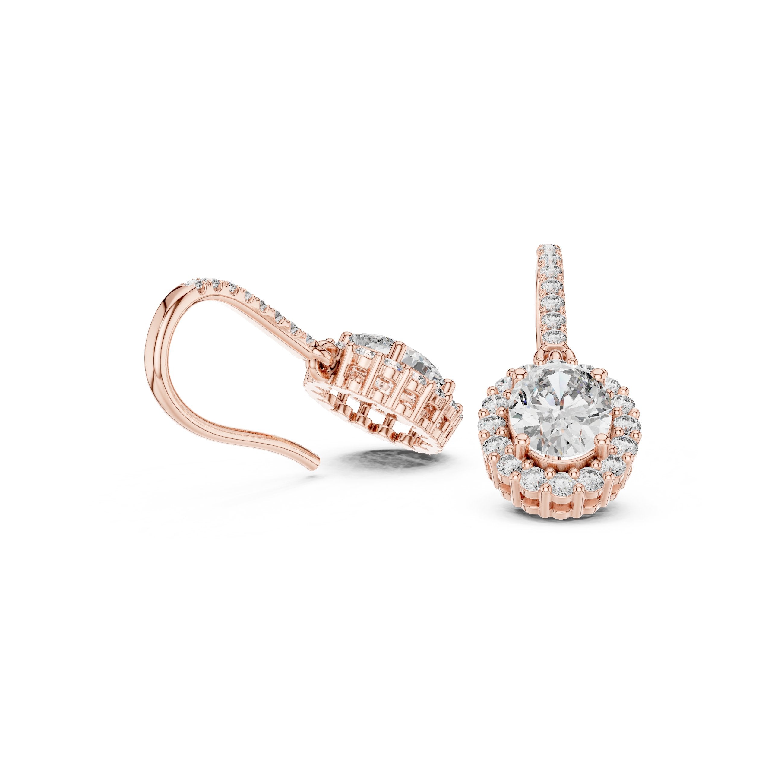 Round Halo Shepherd Hook Diamond Earrings in Rose Gold - VYKA Diamonds