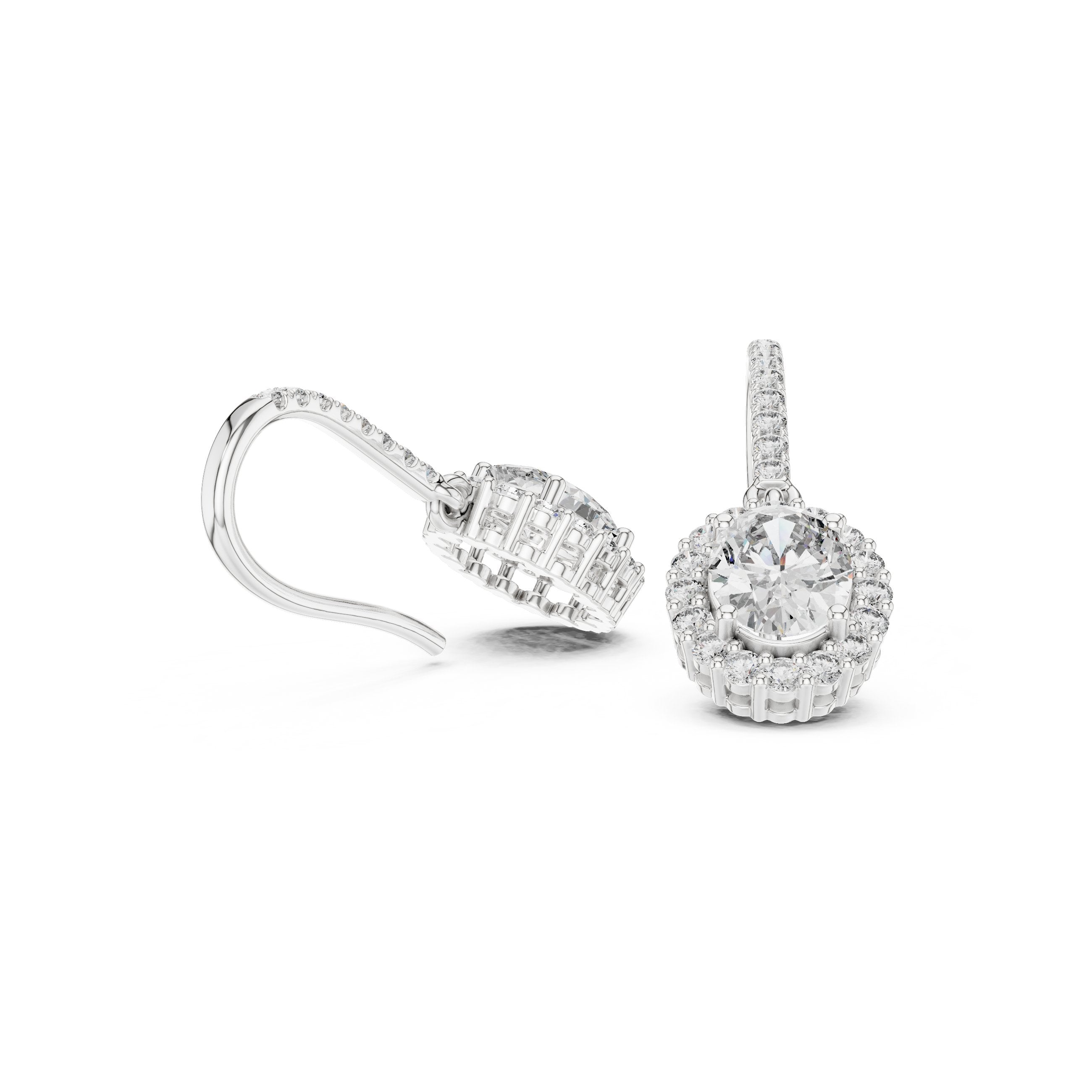 Round Halo Shepherd Hook Diamond Earrings in White Gold - VYKA Diamonds