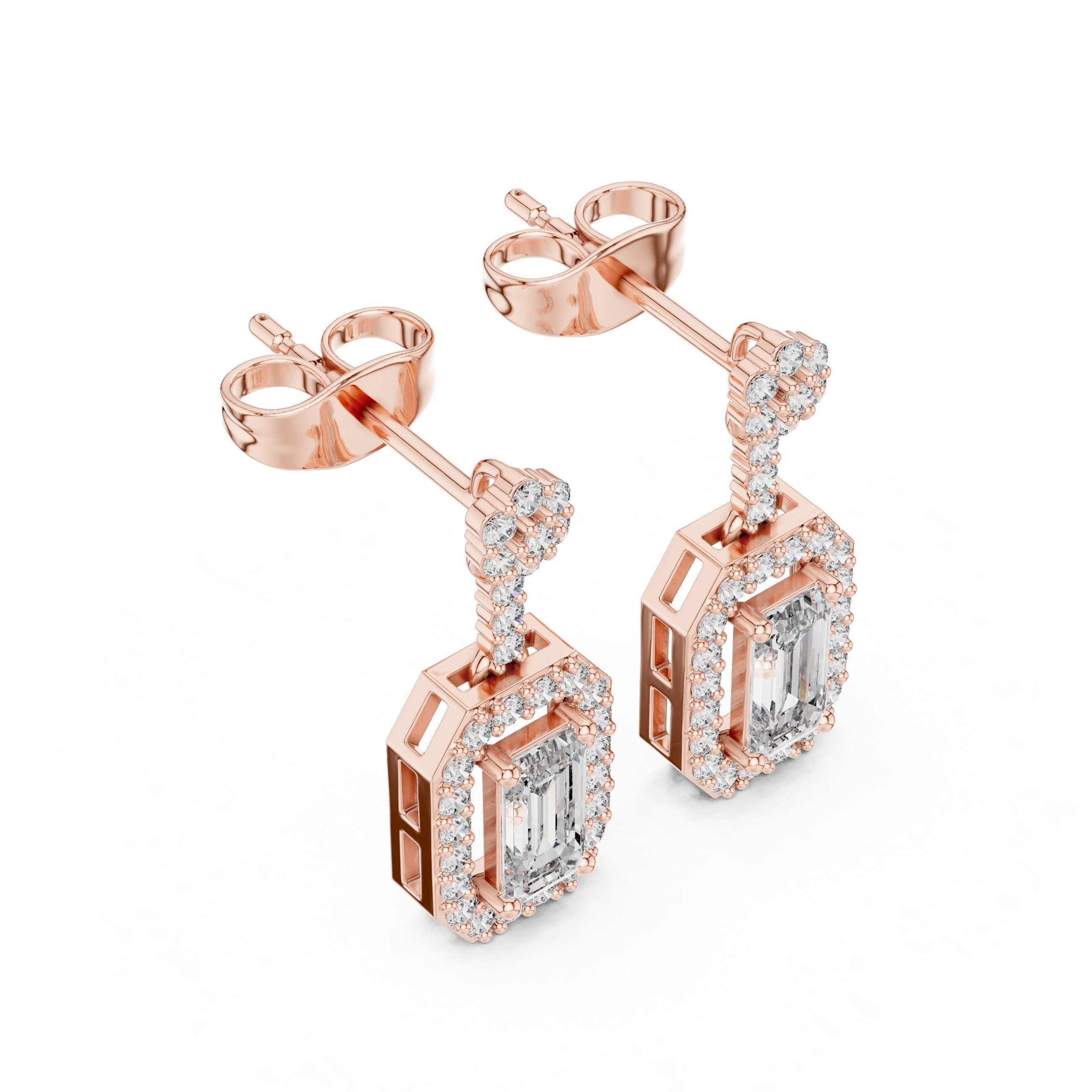 Emerald Halo Bail Diamond Stud Earrings in Rose Gold - VYKA Diamonds