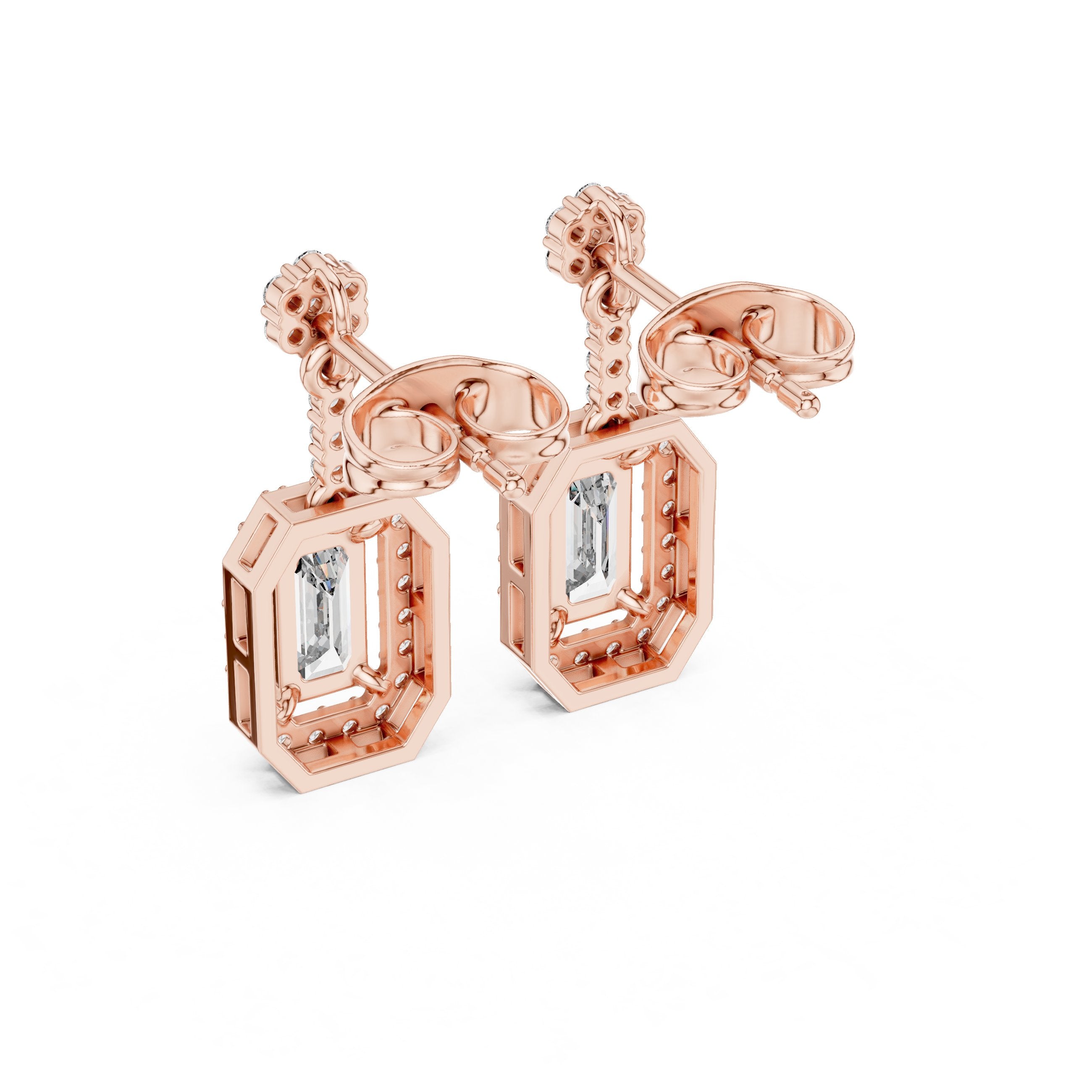 Emerald Halo Bail Diamond Stud Earrings in Rose Gold - VYKA Diamonds