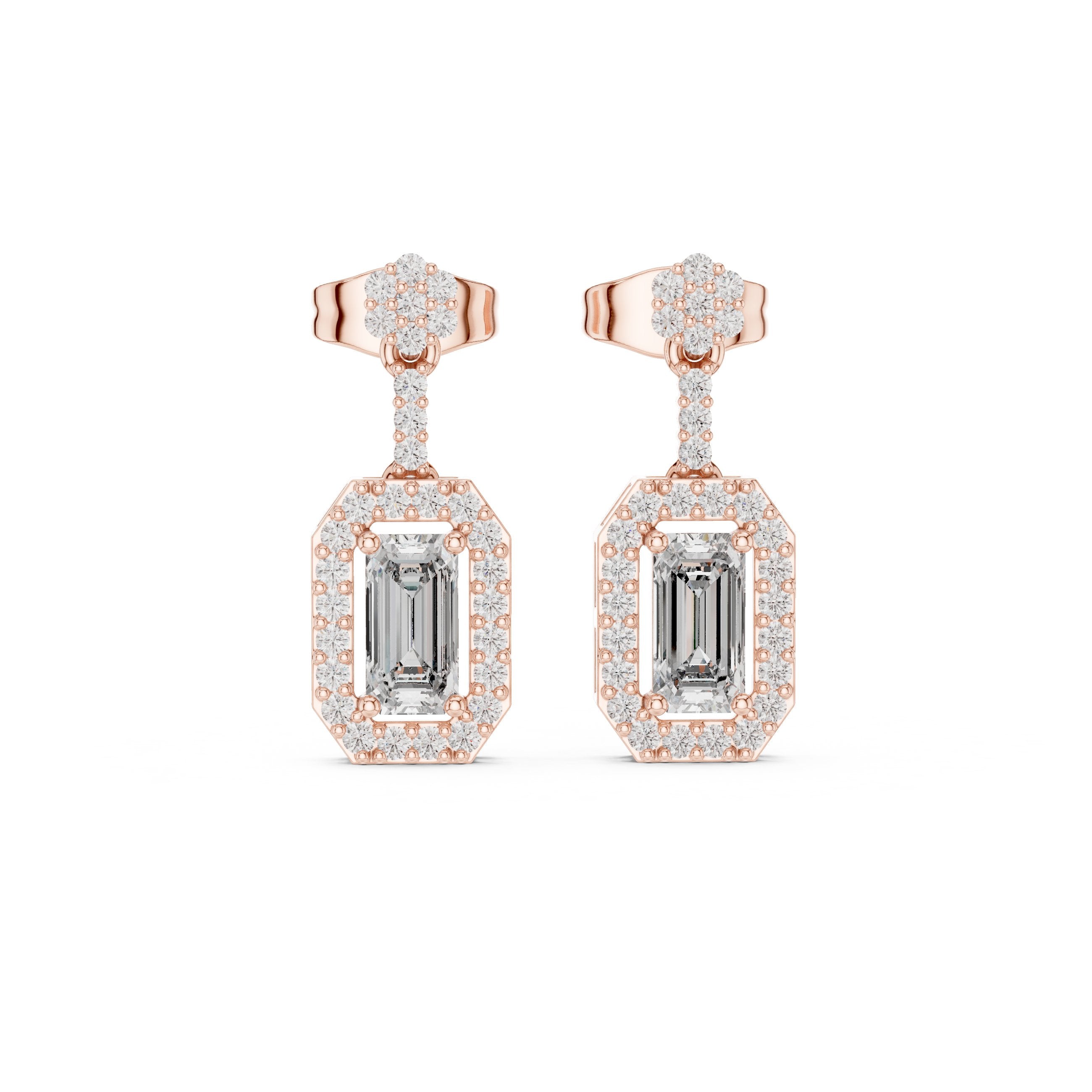 Emerald Halo Bail Diamond Stud Earrings in Rose Gold - VYKA Diamonds