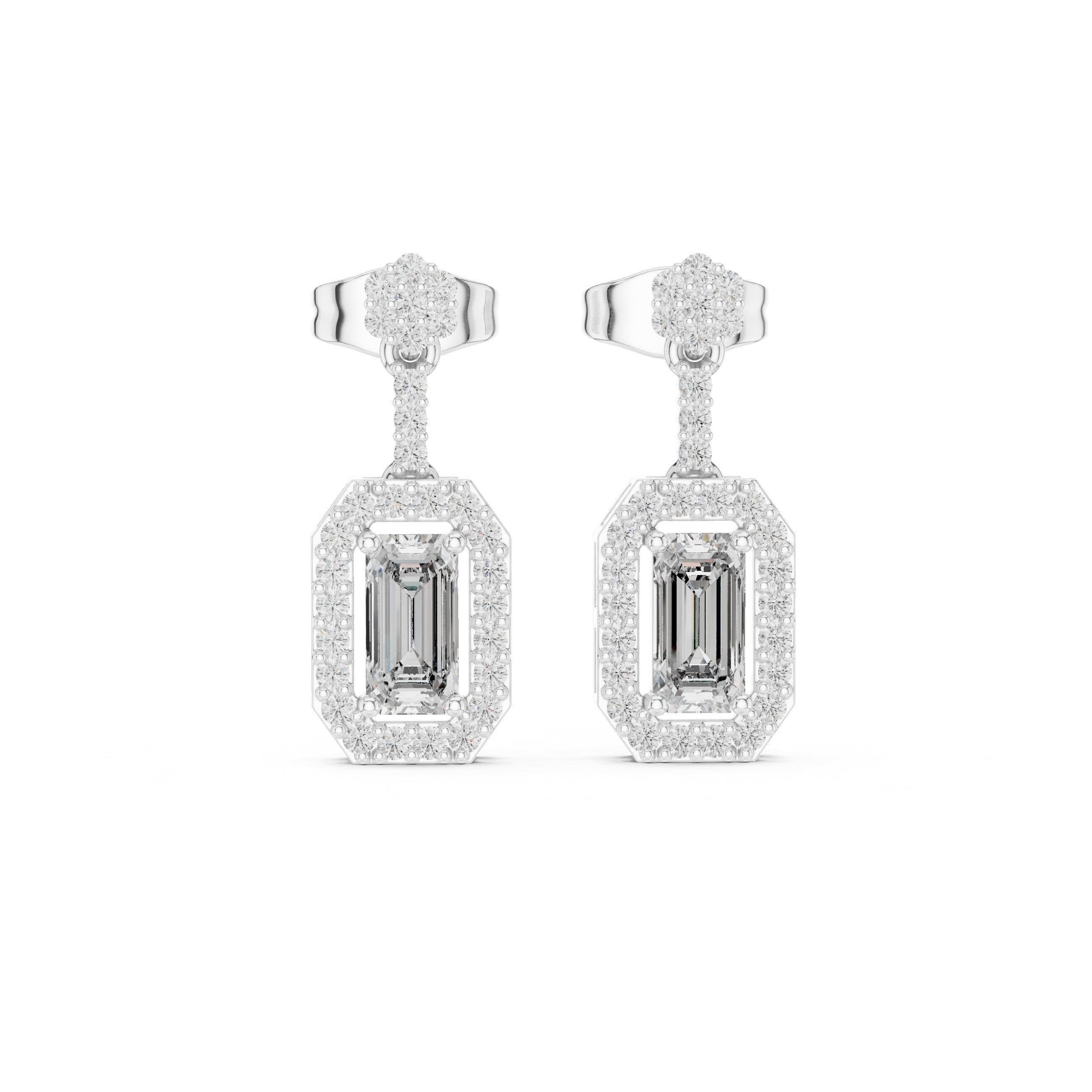 Emerald Halo Bail Diamond Stud Earrings in White Gold - VYKA Diamonds