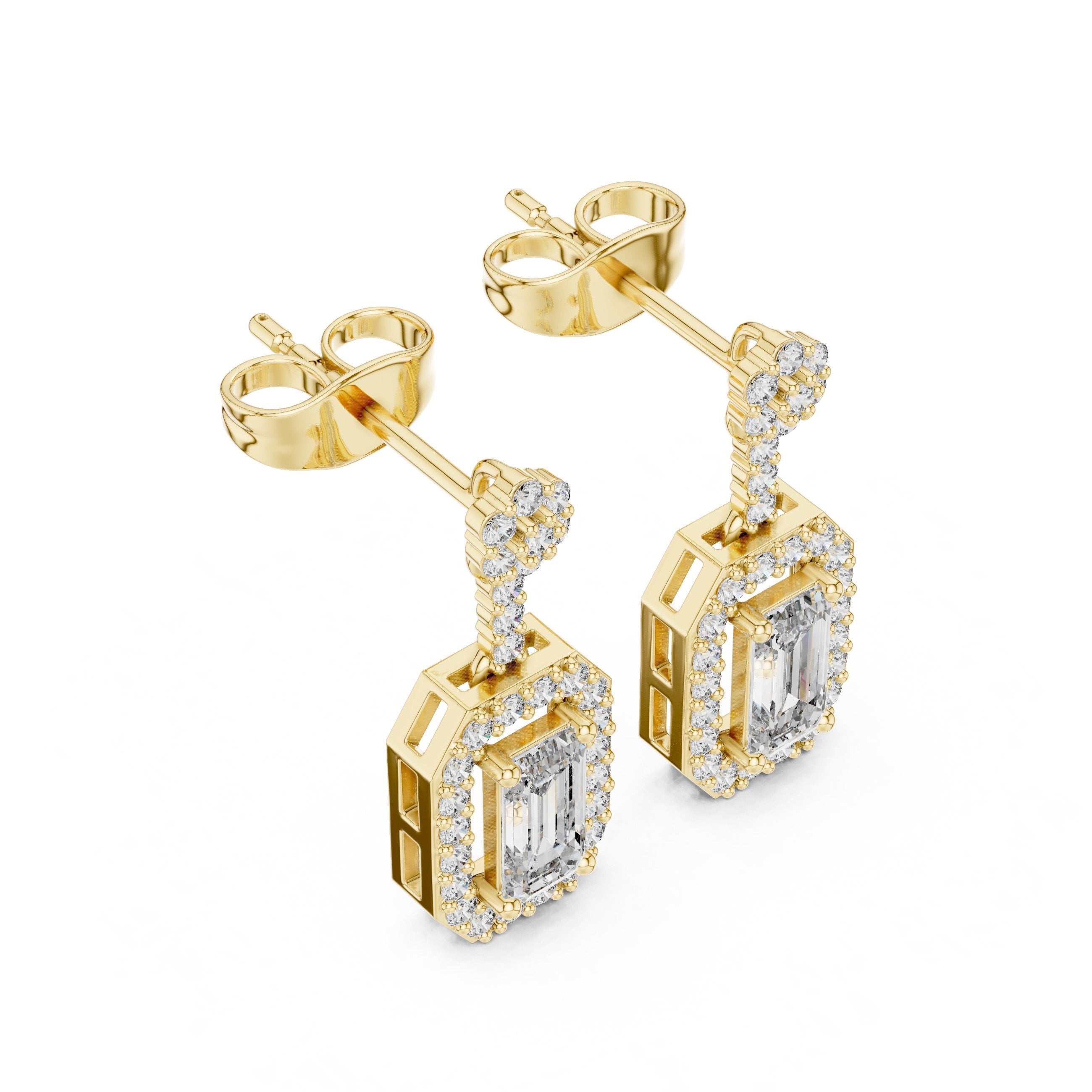 Emerald Halo Bail Diamond Stud Earrings in Yellow Gold - VYKA Diamonds