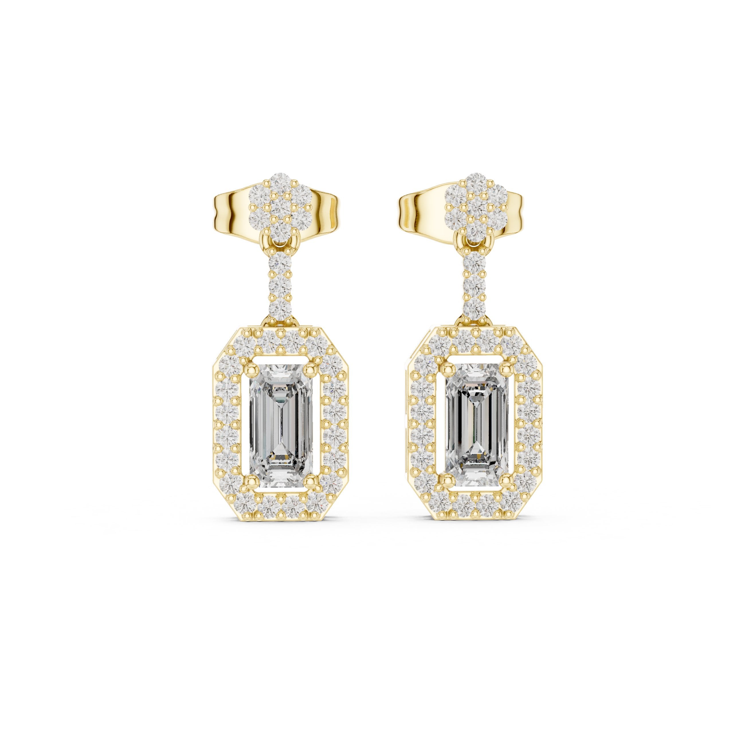 Emerald Halo Bail Diamond Stud Earrings in Yellow Gold - VYKA Diamonds
