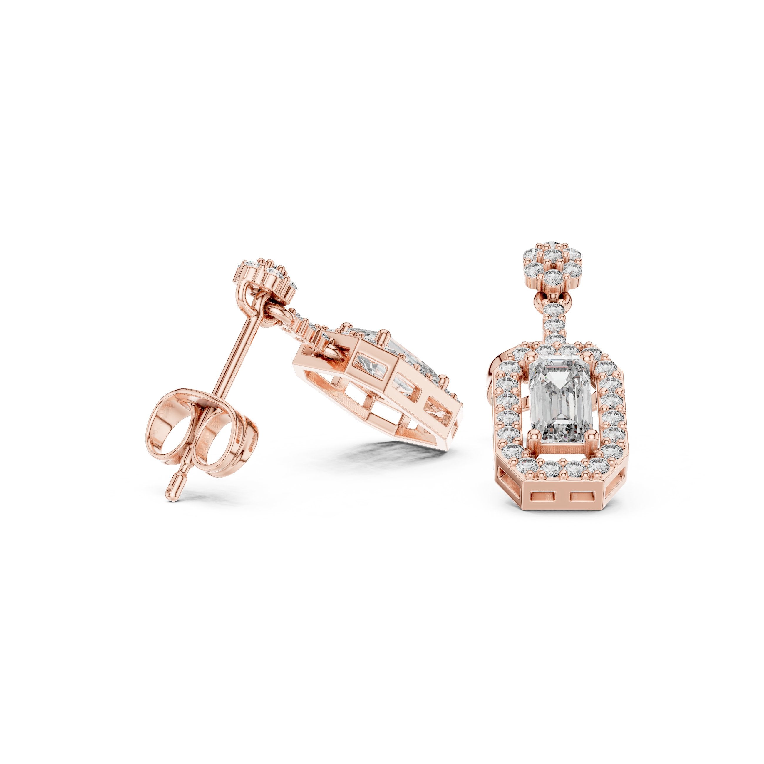 Emerald Halo Bail Diamond Stud Earrings in Rose Gold - VYKA Diamonds