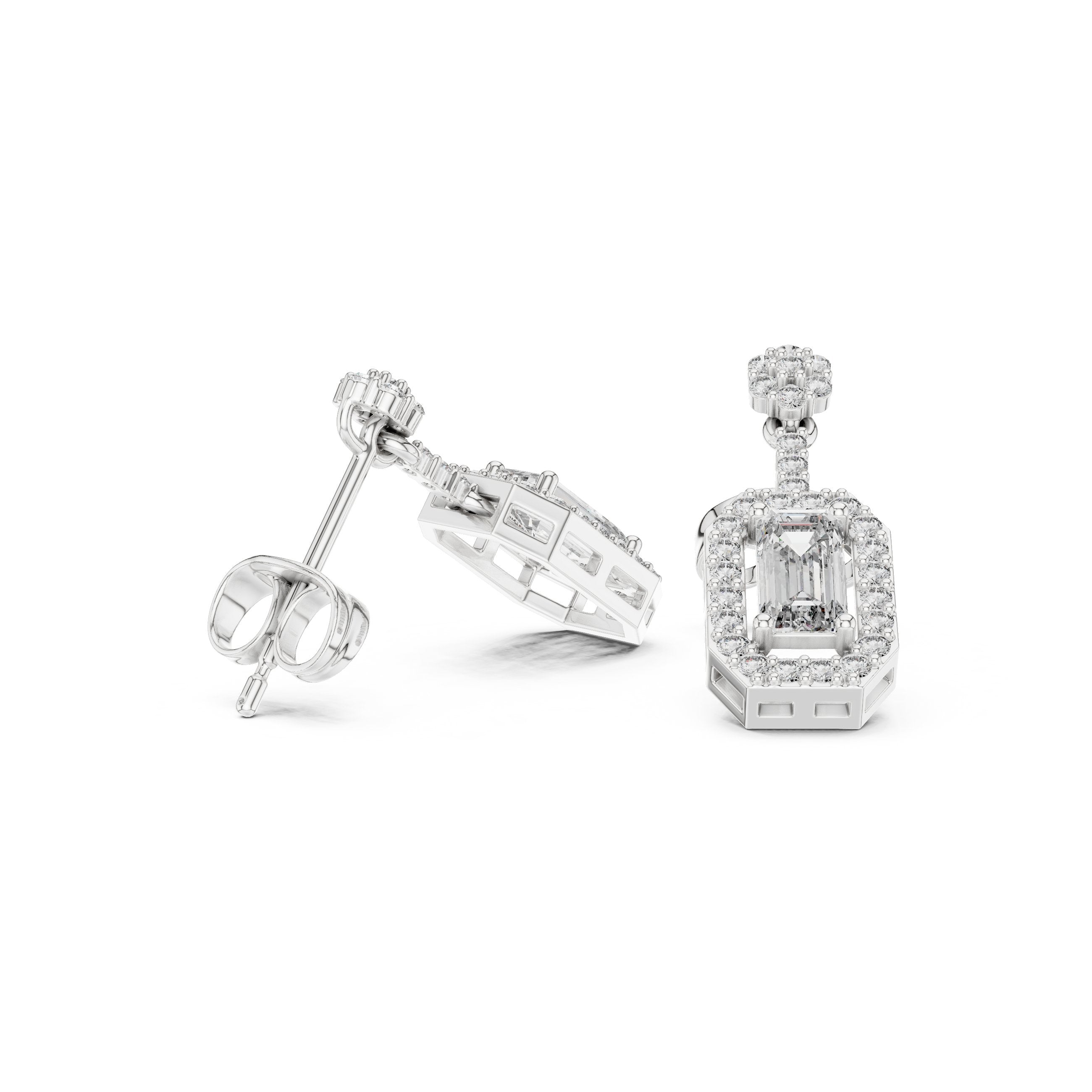 Emerald Halo Bail Diamond Stud Earrings in White Gold - VYKA Diamonds