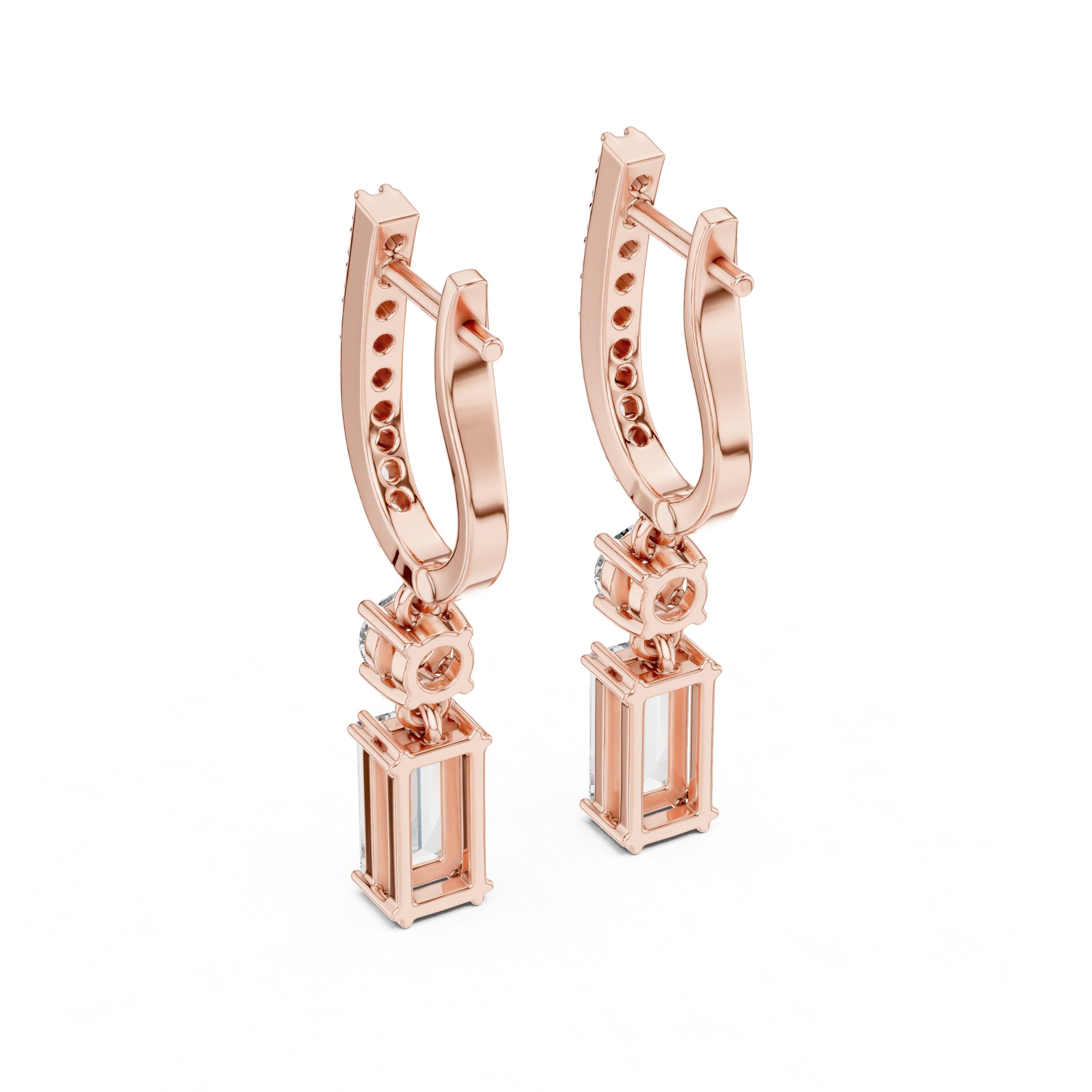 Emerald Cut Huggie Drop Earrings in Rose Gold - VYKA Diamonds