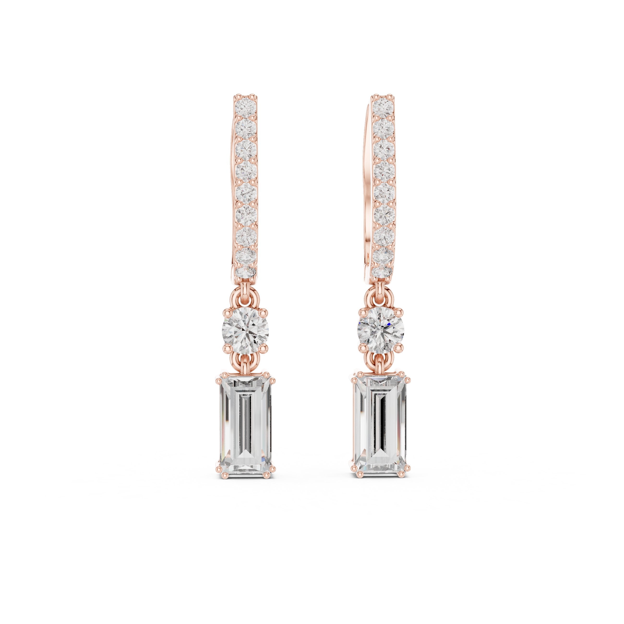 Emerald Cut Huggie Drop Earrings in Rose Gold - VYKA Diamonds