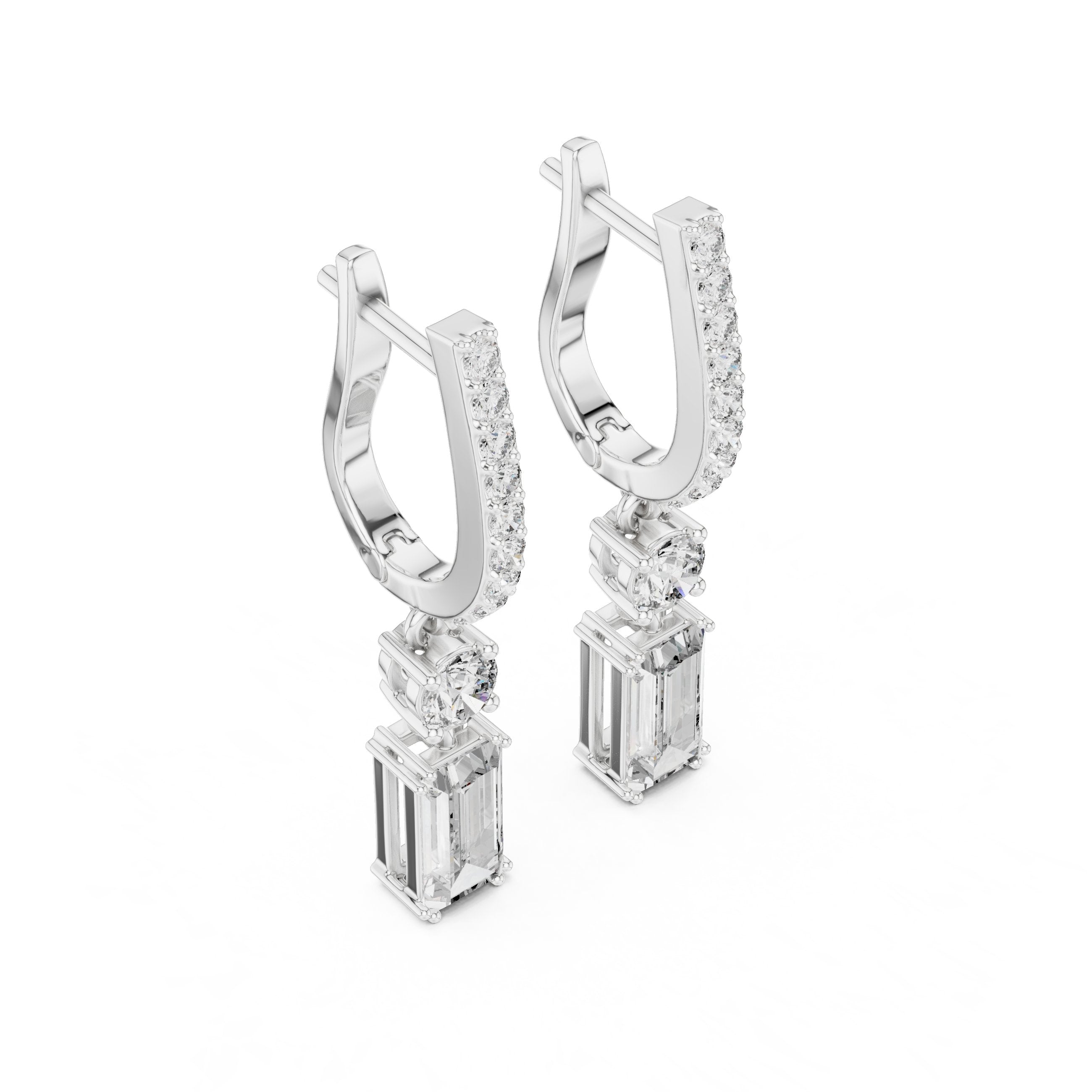 Emerald Cut Huggie Drop Earrings in White Gold - VYKA Diamonds
