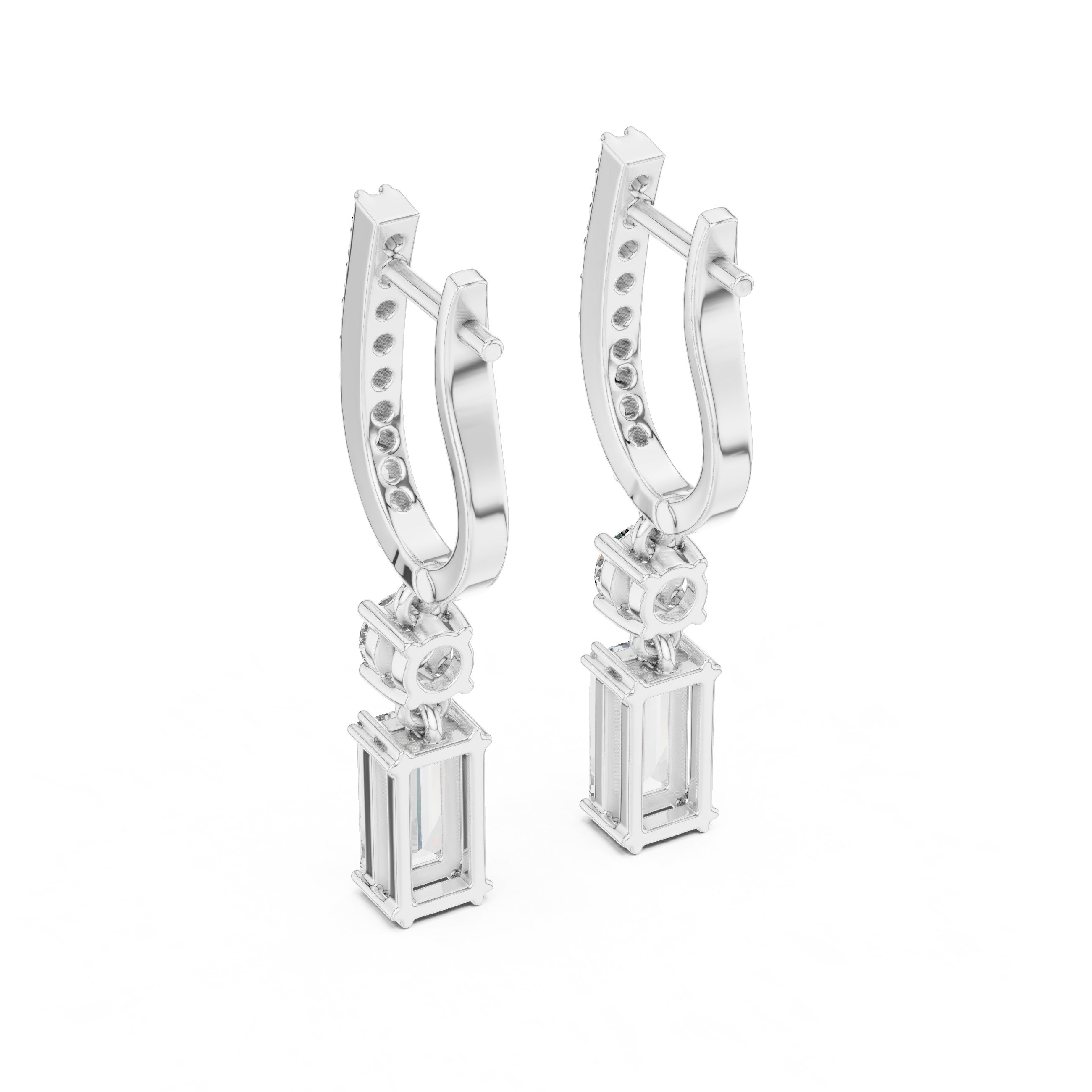 Emerald Cut Huggie Drop Earrings in White Gold - VYKA Diamonds