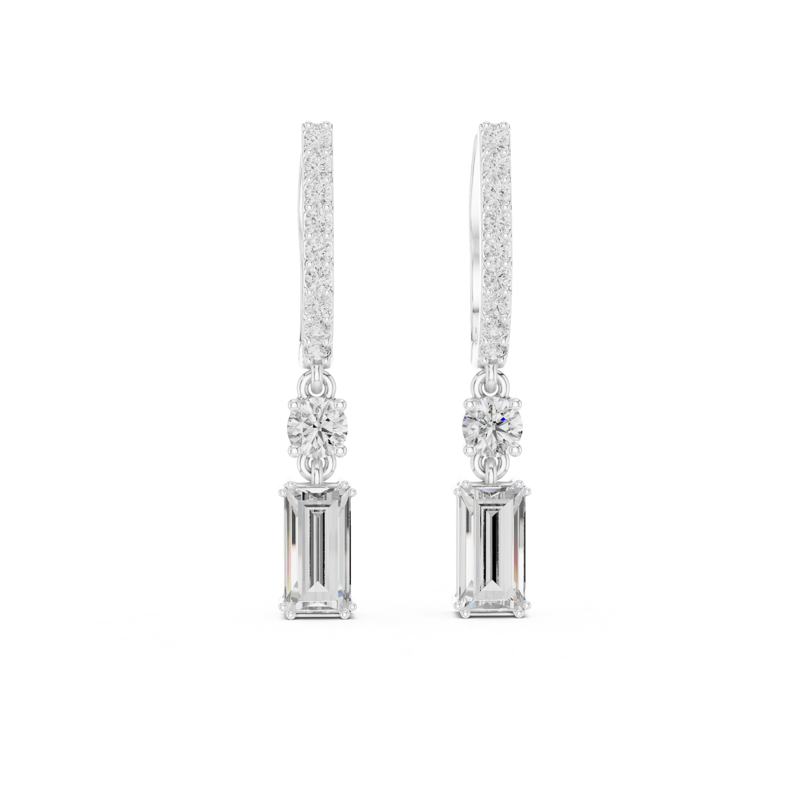 Emerald Cut Huggie Drop Earrings in White Gold - VYKA Diamonds