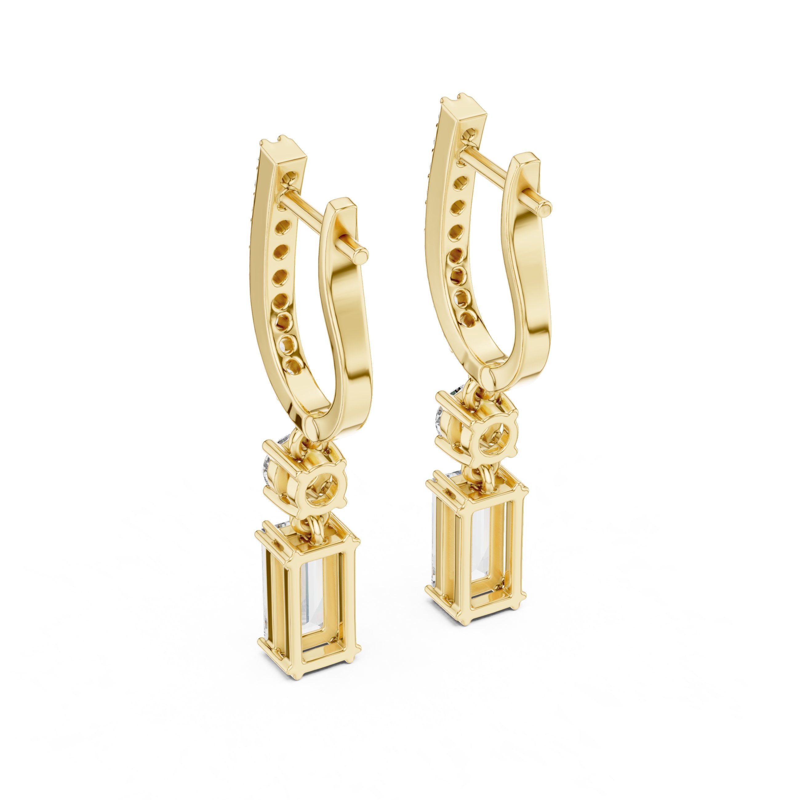 Emerald Cut Huggie Drop Earrings in Yellow Gold - VYKA Diamonds