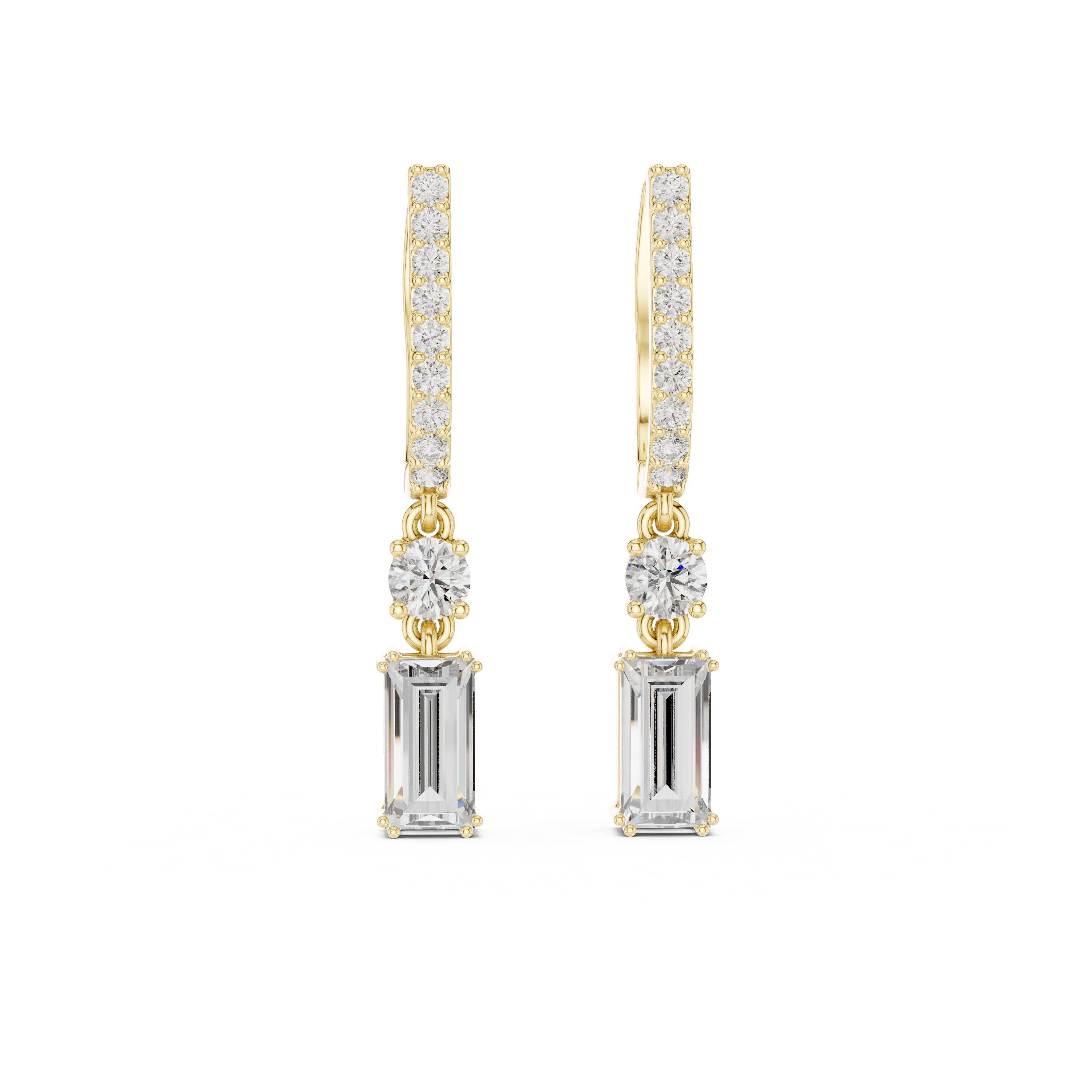 Emerald Cut Huggie Drop Earrings in Yellow Gold - VYKA Diamonds